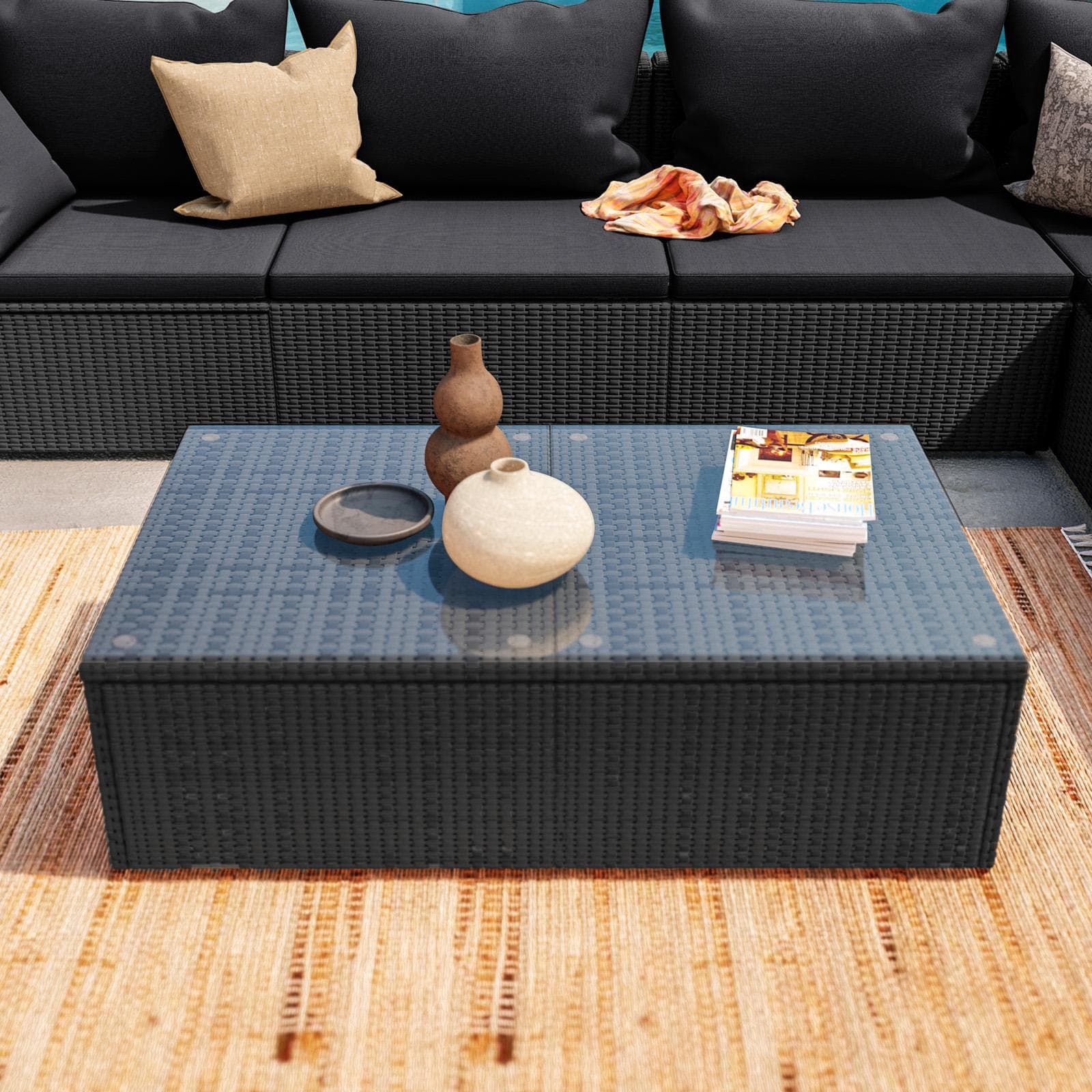 Set relax con divano angolare e tavolino in polyrattan nero con cuscini - Horizon