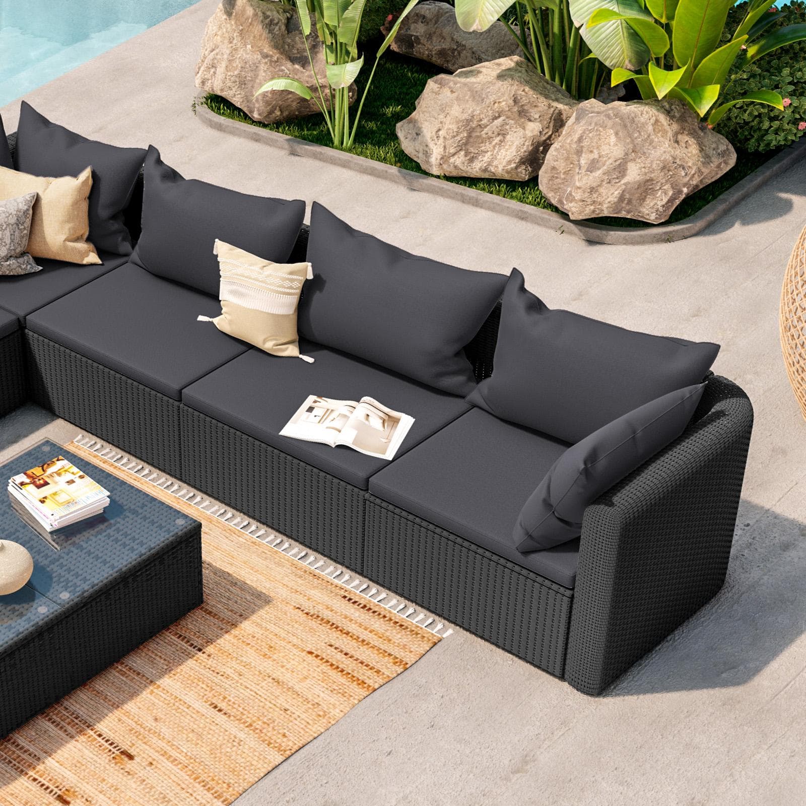 Set relax con divano angolare e tavolino in polyrattan nero con cuscini - Horizon
