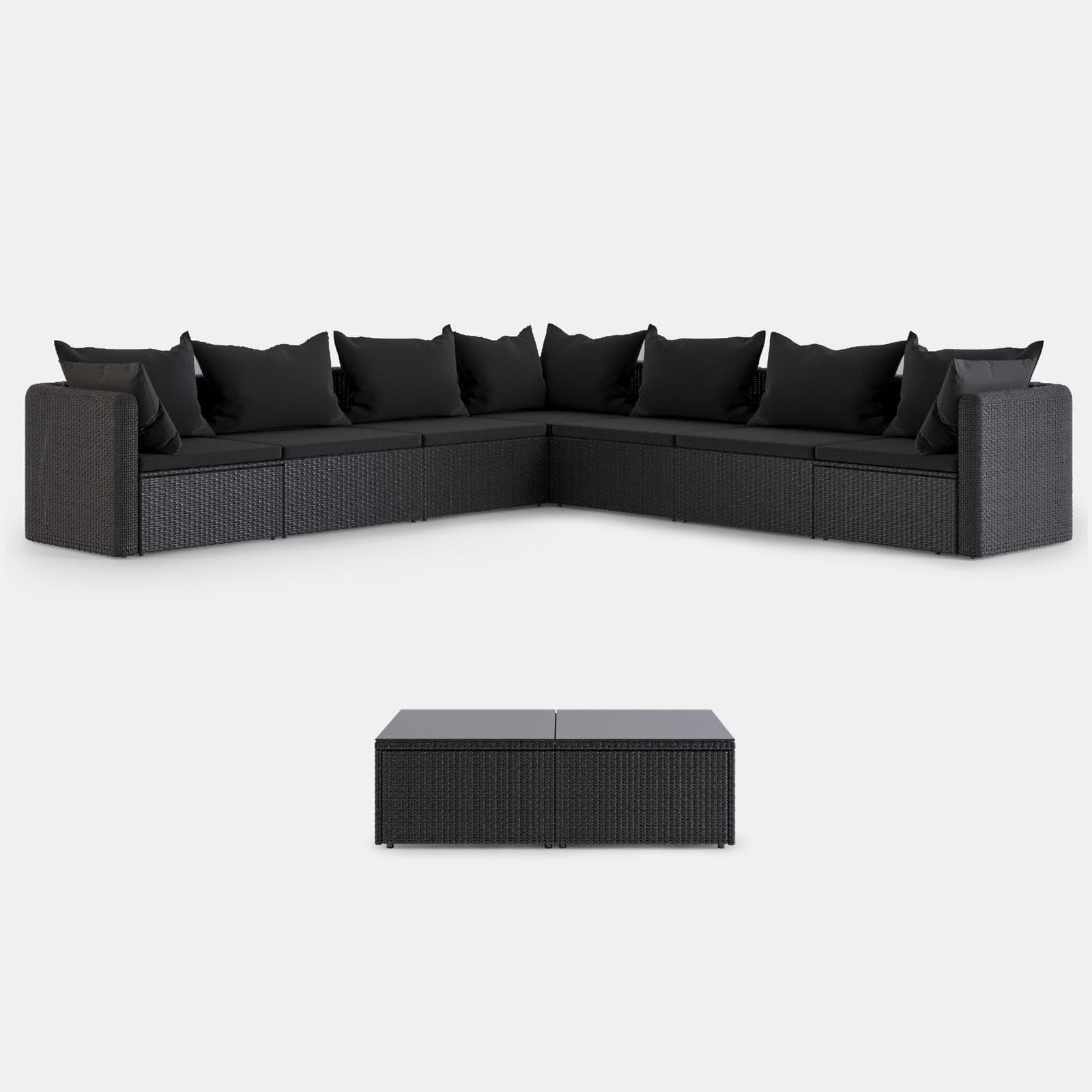 Set relax con divano angolare e tavolino in polyrattan nero con cuscini - Horizon
