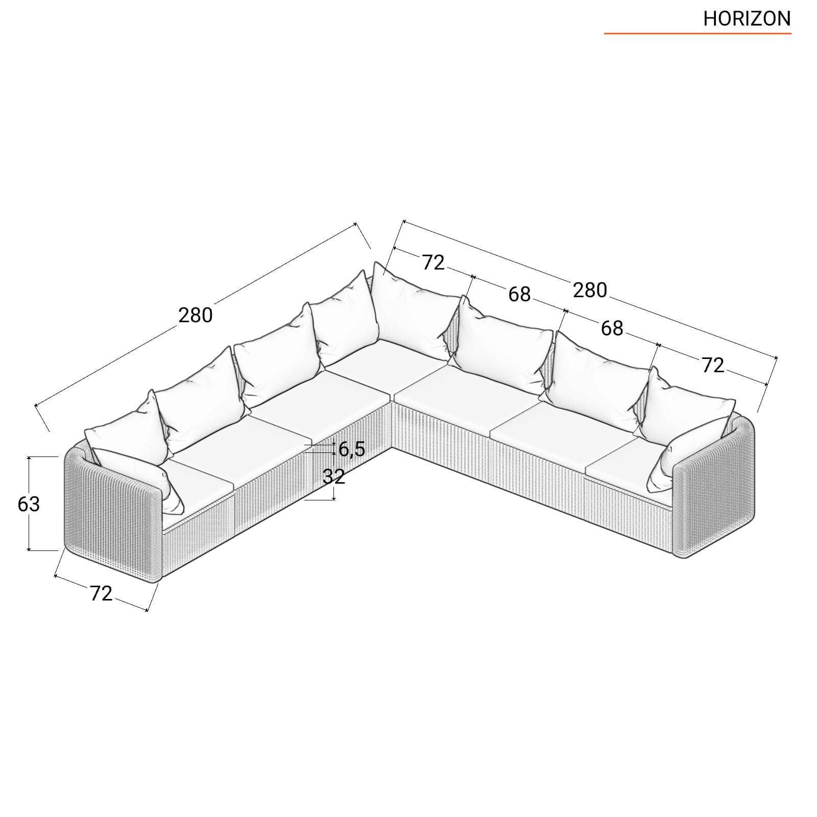 Set relax con divano angolare e tavolino in polyrattan nero con cuscini - Horizon