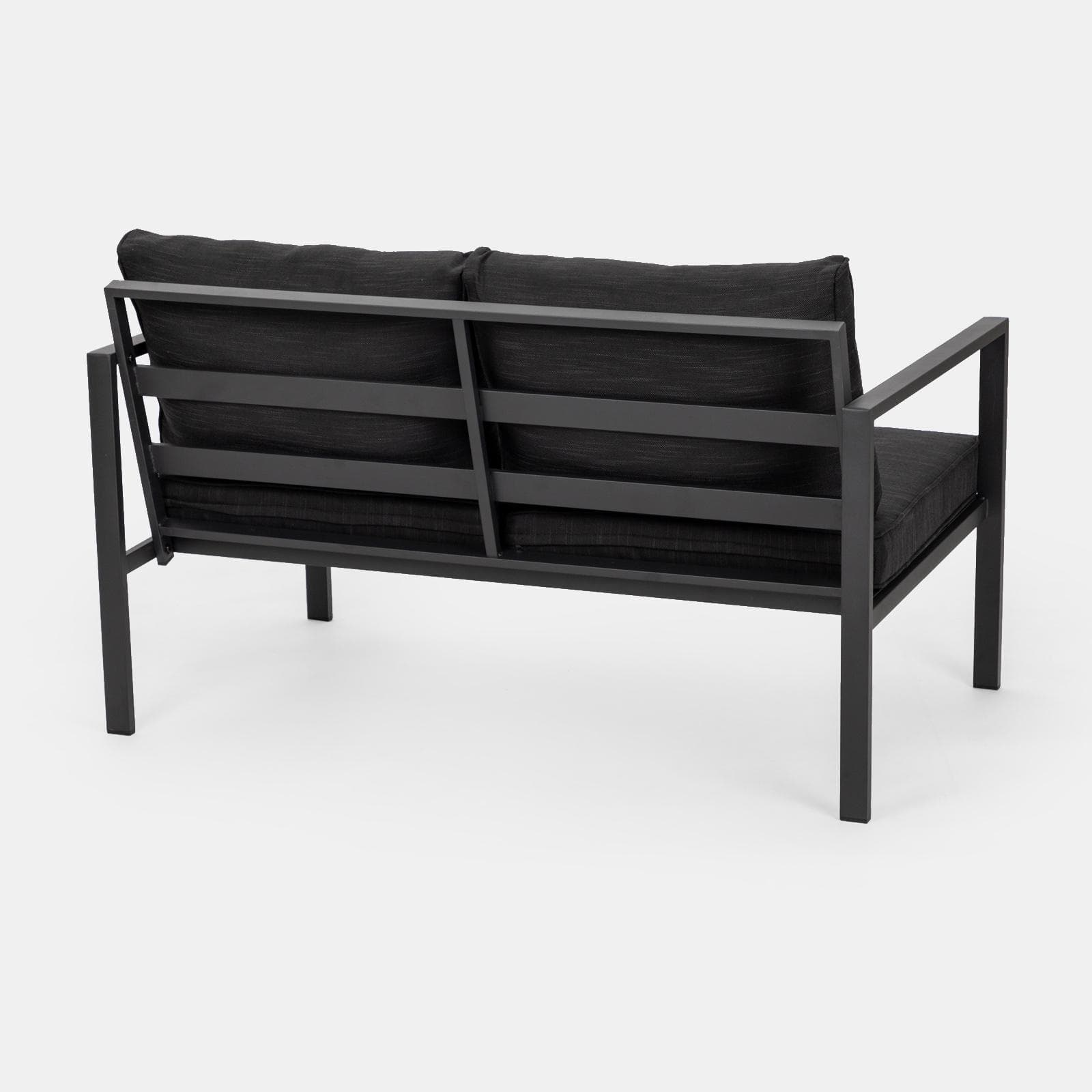 Set relax con divano due poltrone e tavolino in acciaio e cuscini nero - Evelyn