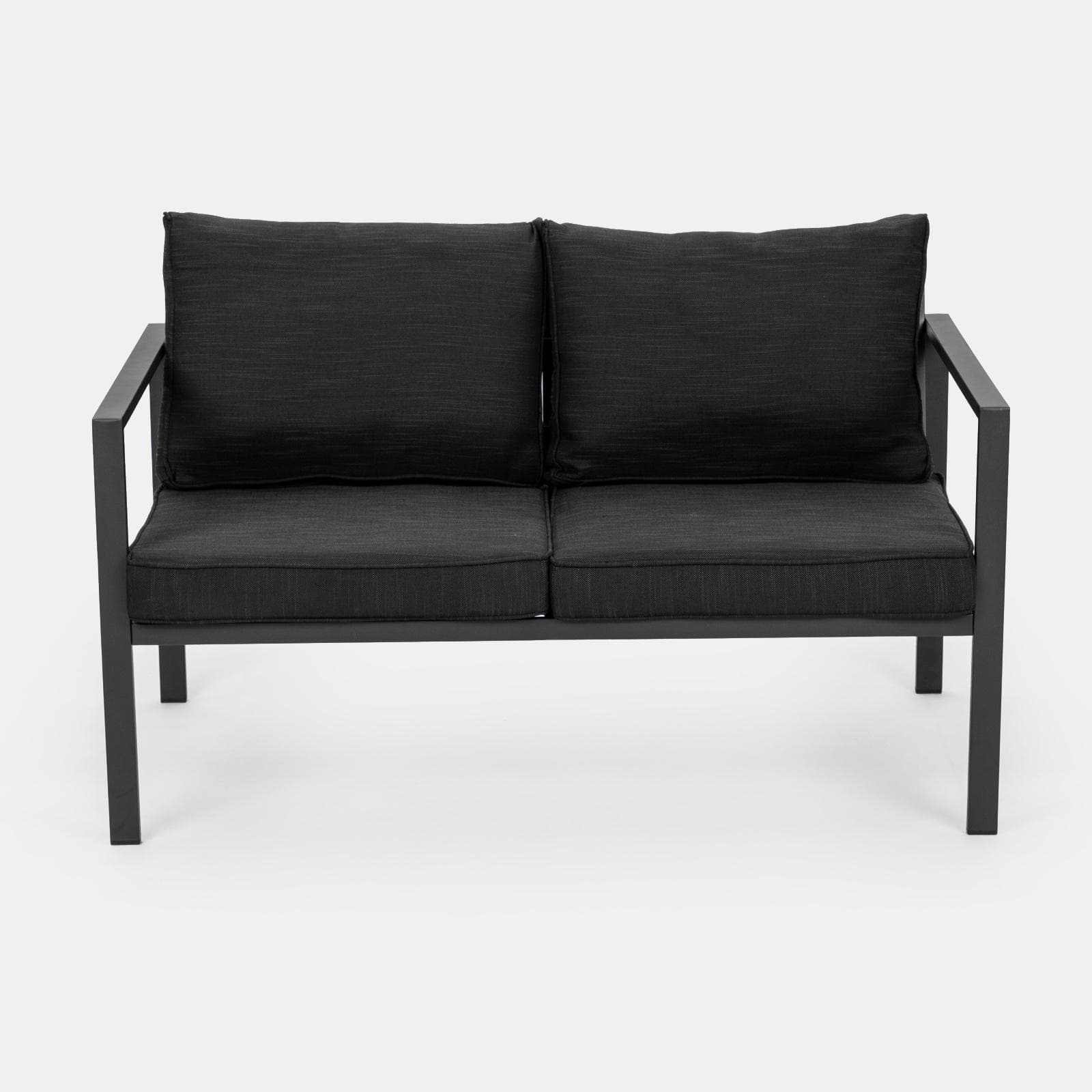 Set relax con divano due poltrone e tavolino in acciaio e cuscini nero - Evelyn