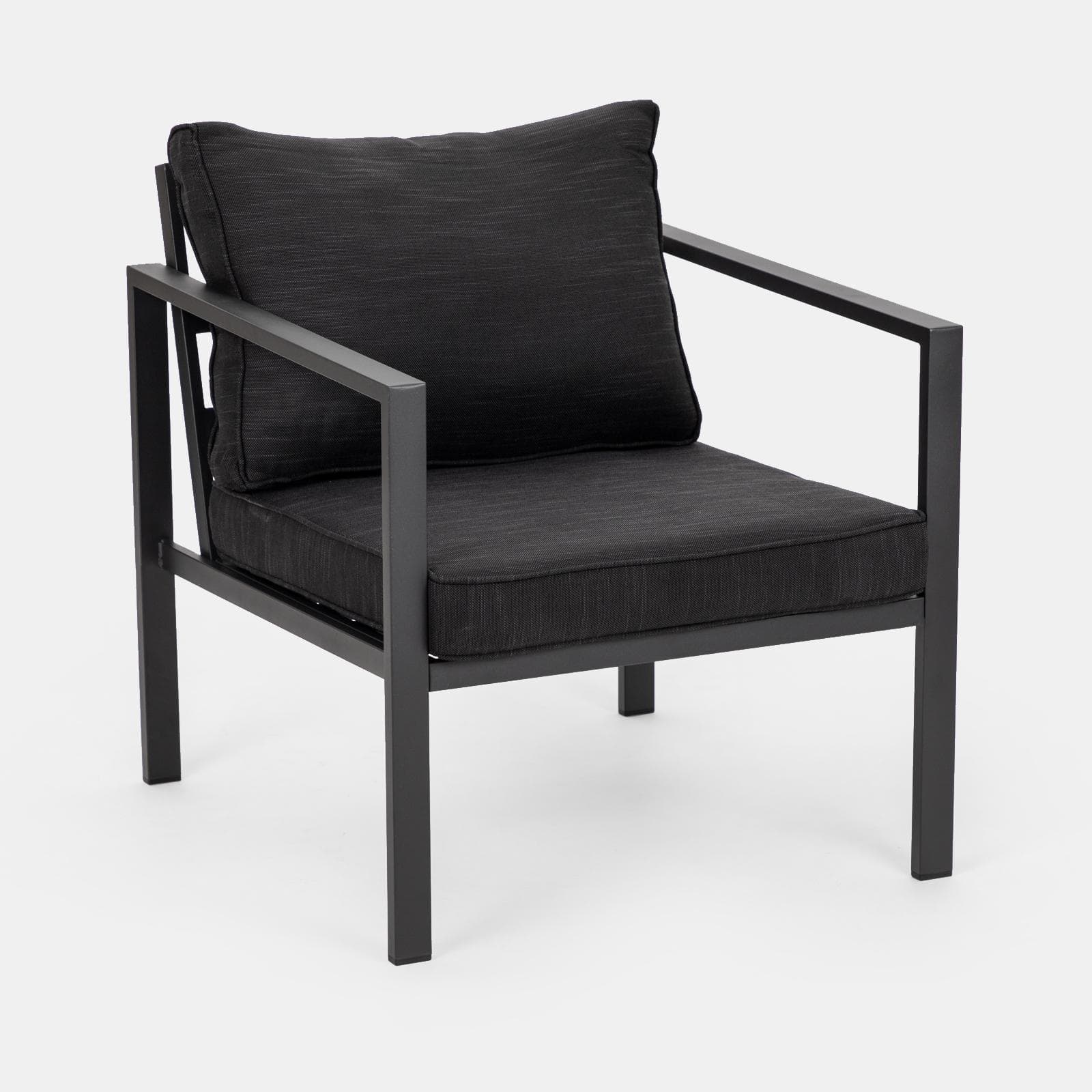 Set relax con divano due poltrone e tavolino in acciaio e cuscini nero - Evelyn