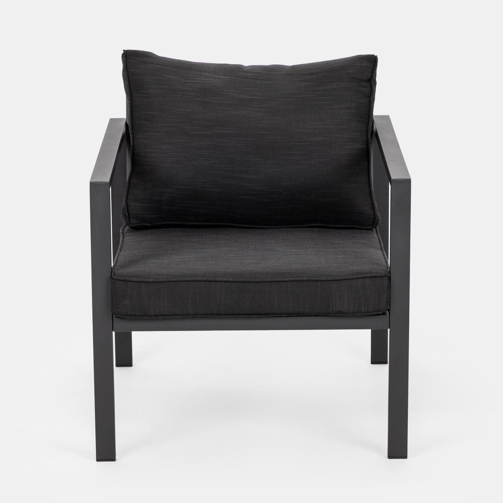 Set relax con divano due poltrone e tavolino in acciaio e cuscini nero - Evelyn
