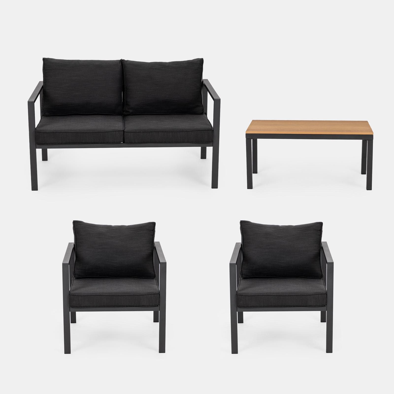 Set relax con divano due poltrone e tavolino in acciaio e cuscini nero - Evelyn