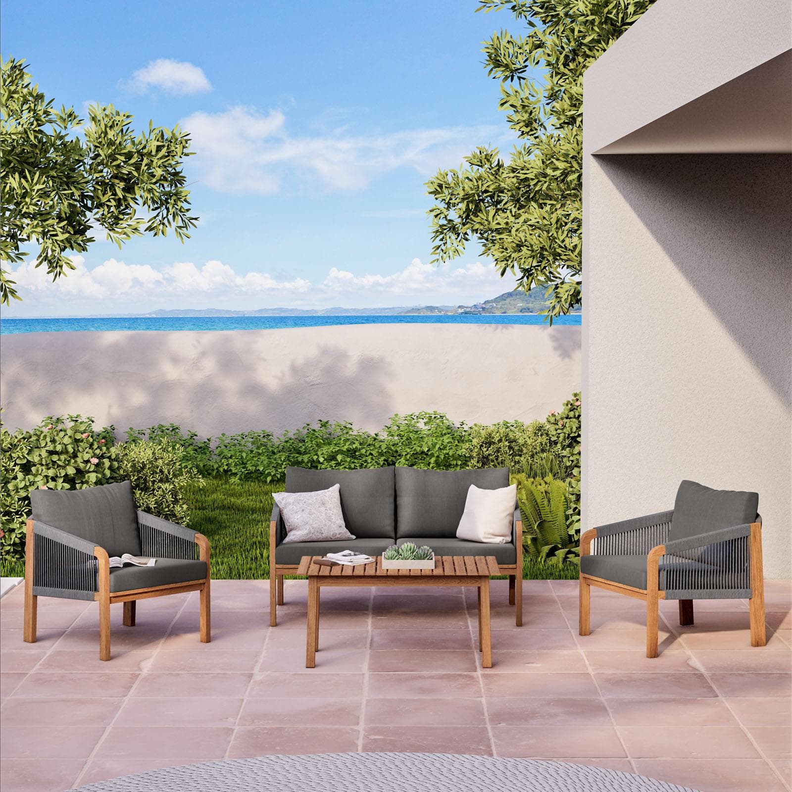 Set relax da giardino 4 posti in legno massello di acacia e dettagli in corda - Nauru