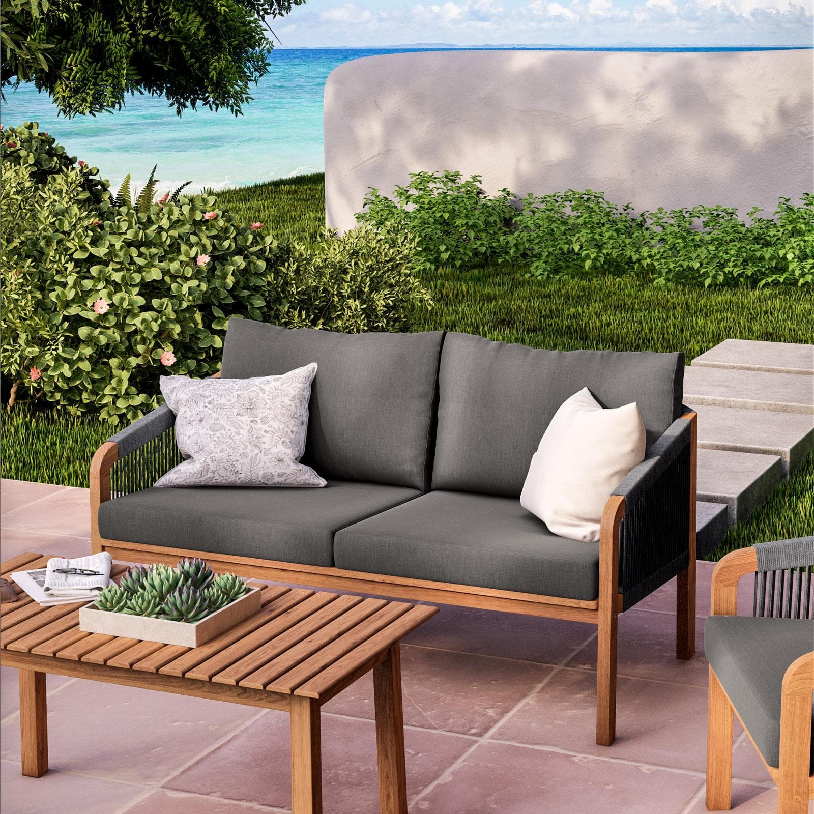 Set relax da giardino 4 posti in legno massello di acacia e dettagli in corda - Nauru