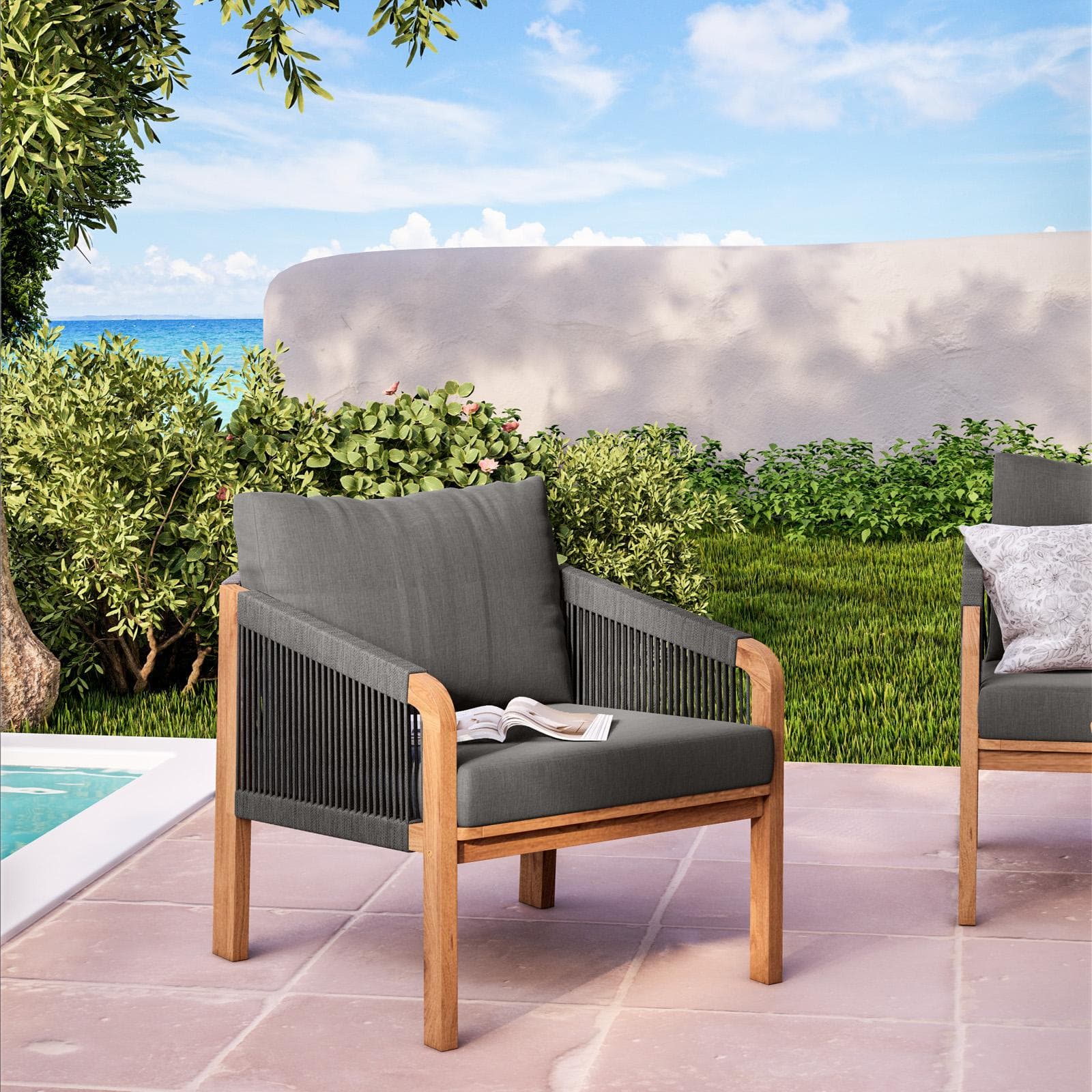 Set relax da giardino 4 posti in legno massello di acacia e dettagli in corda - Nauru