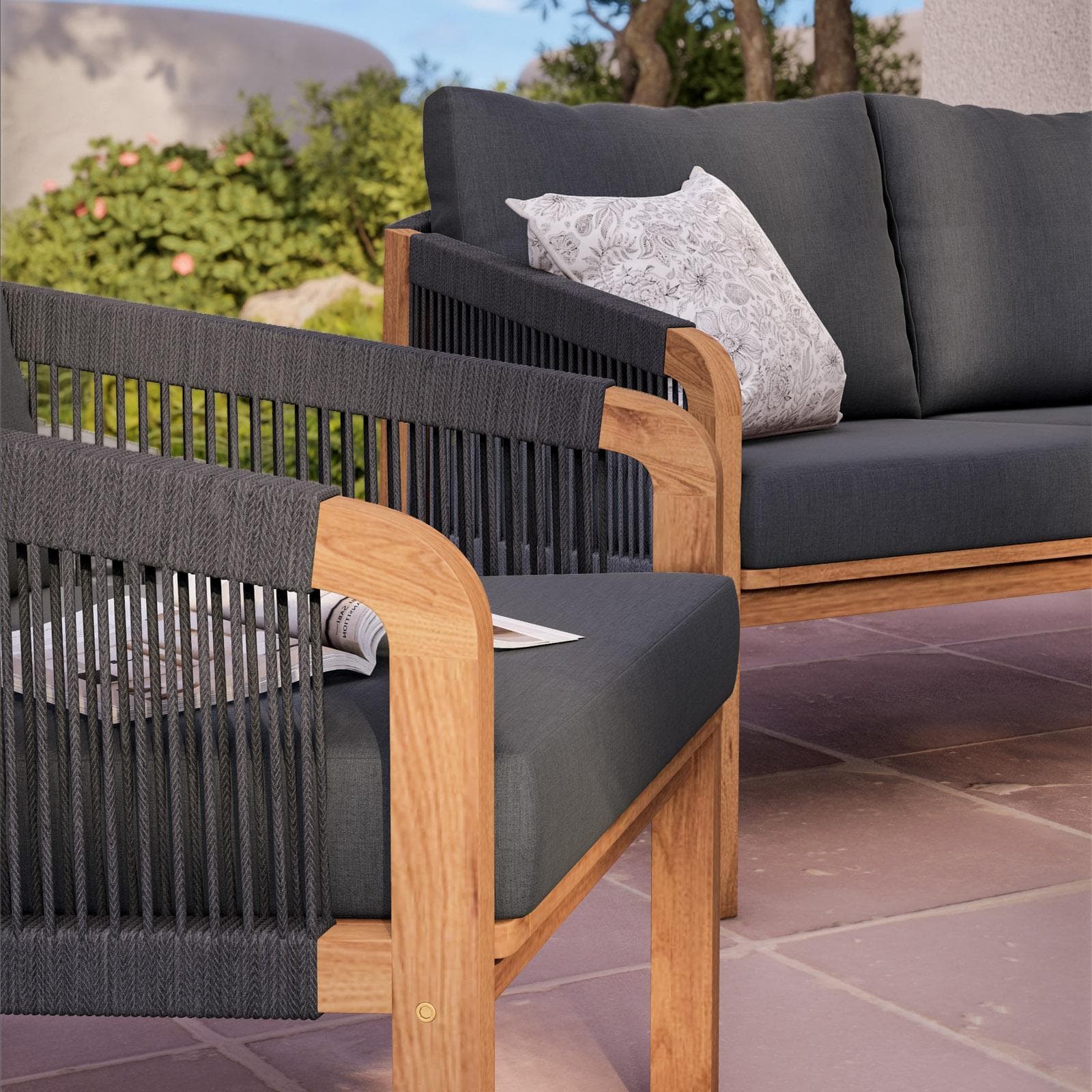 Set relax da giardino 4 posti in legno massello di acacia e dettagli in corda - Nauru
