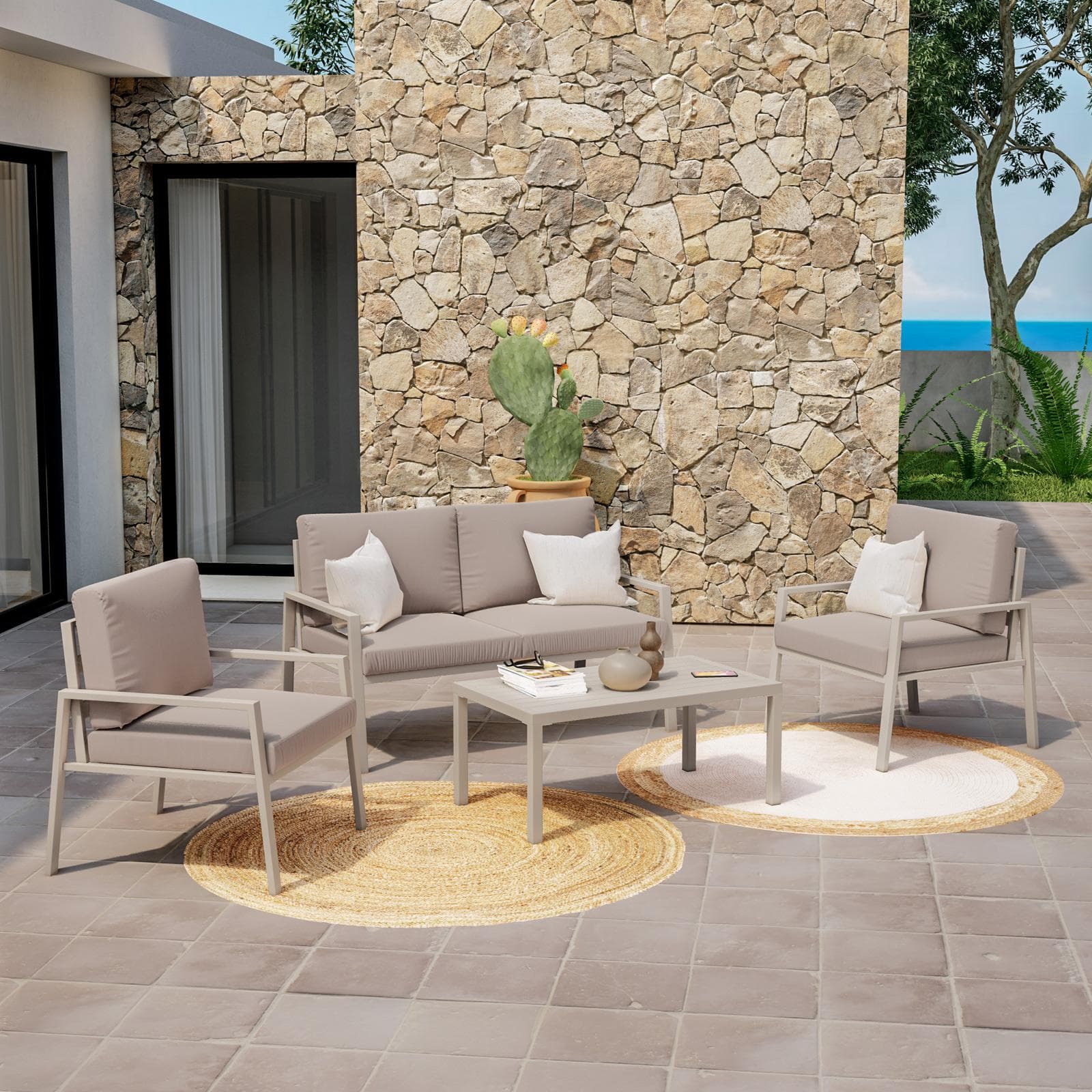 Set relax 4 posti in alluminio tortora con cuscini tortora - Carridi