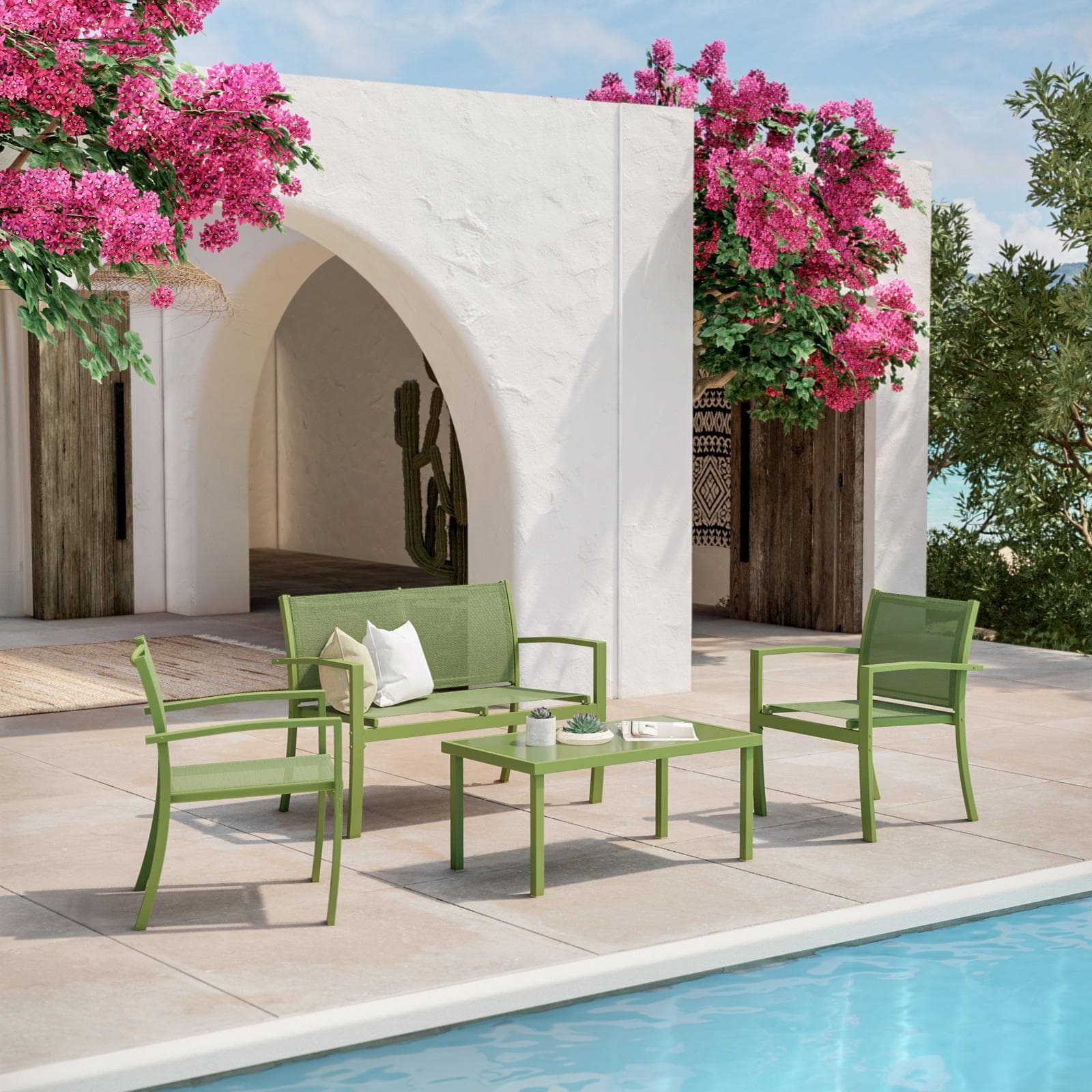 Set relax da giardino 4 posti in acciaio verde - Palmaria