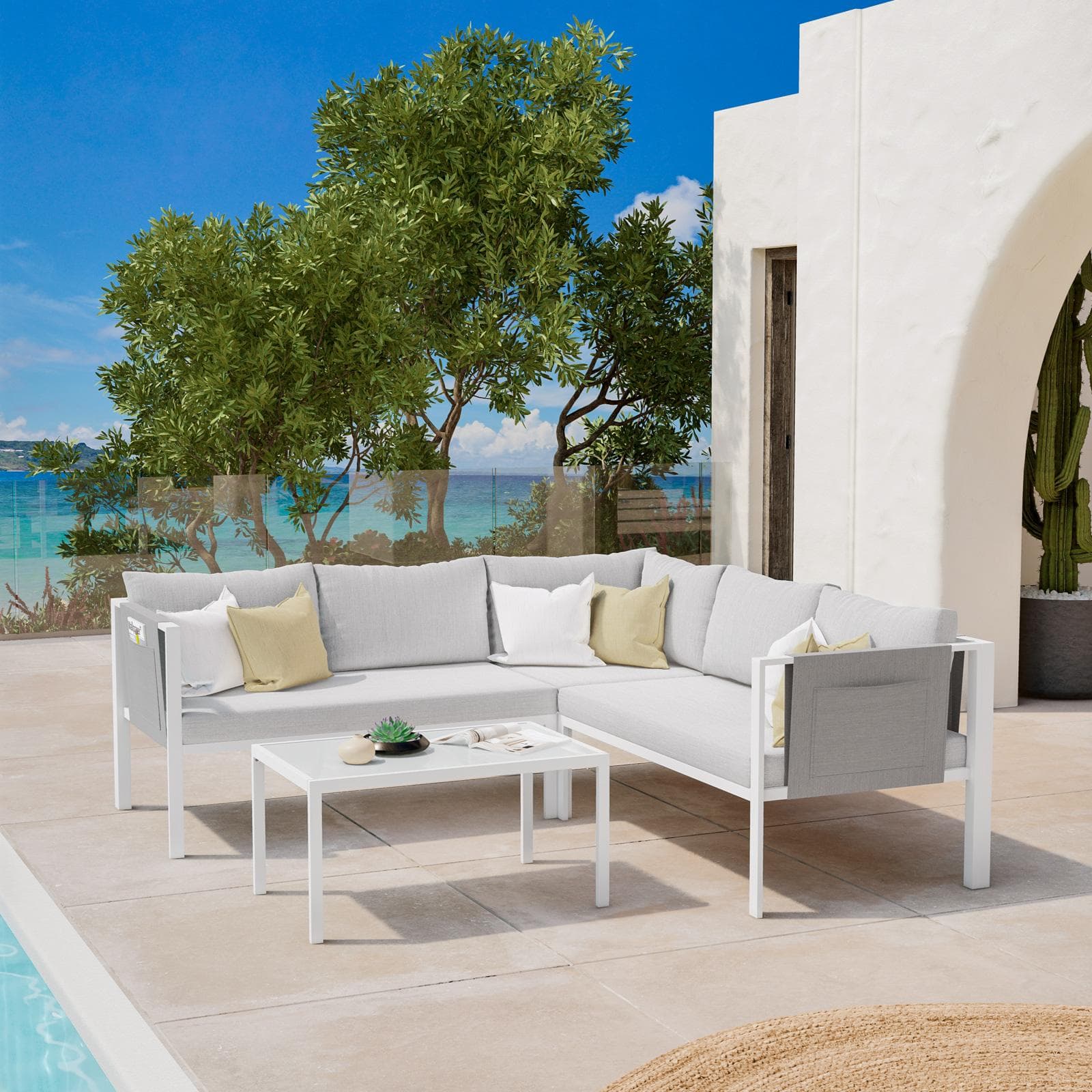 Set relax divano angolare e tavolino in metallo bianco con cuscini grigio chiaro - Tirrena