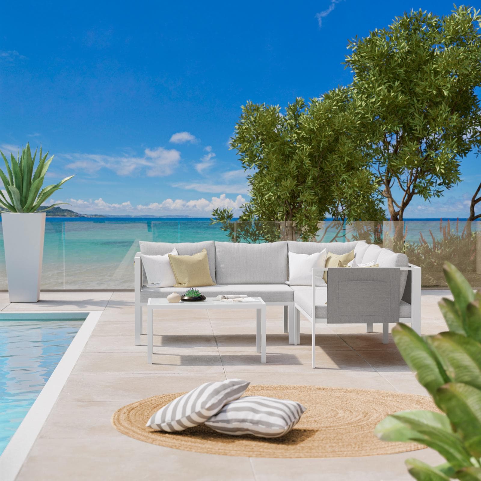 Set relax divano angolare e tavolino in metallo bianco con cuscini grigio chiaro - Tirrena