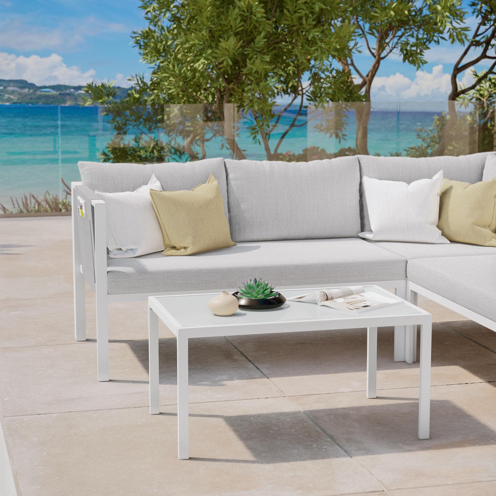 Set relax divano angolare e tavolino in metallo bianco con cuscini grigio chiaro - Tirrena