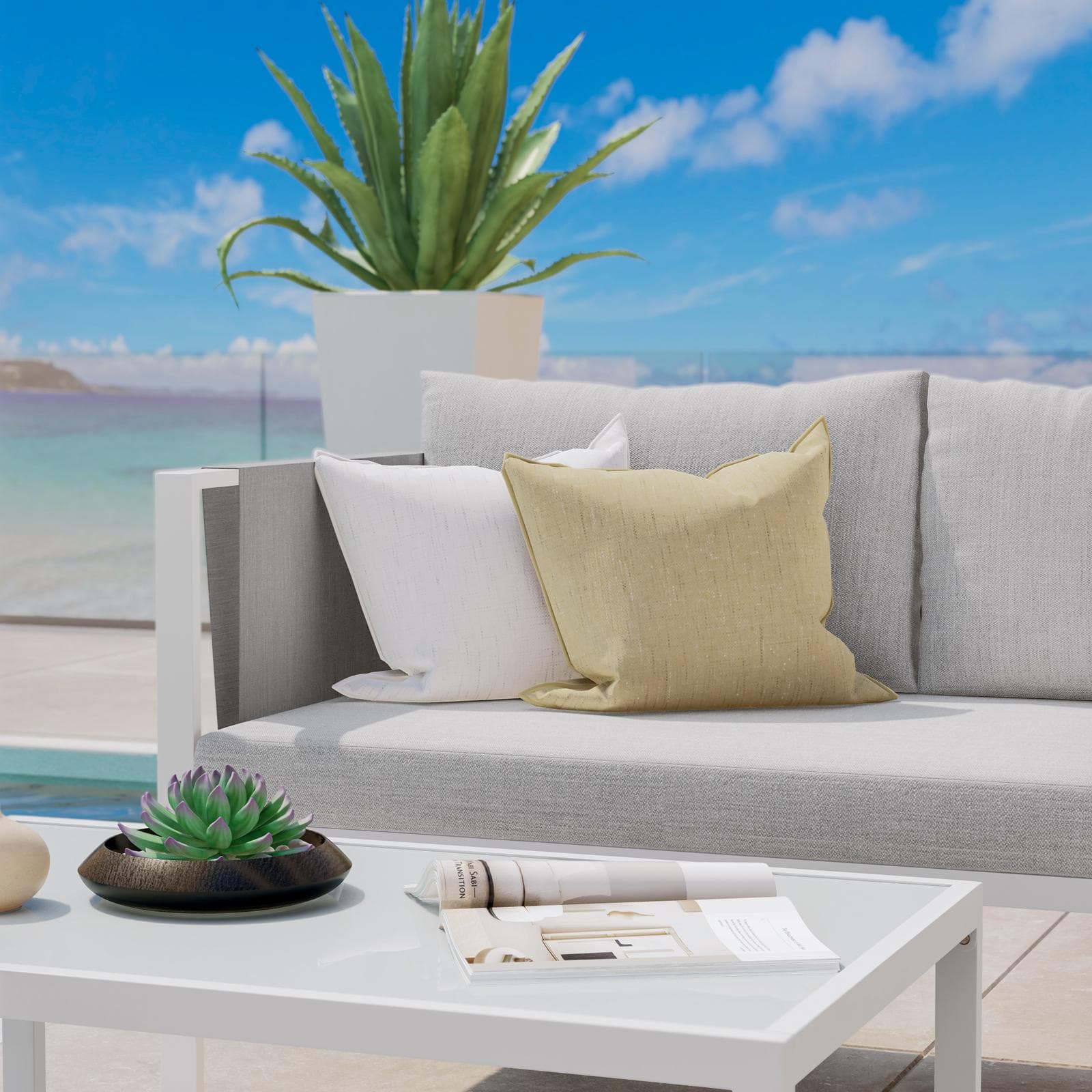 Set relax divano angolare e tavolino in metallo bianco con cuscini grigio chiaro - Tirrena
