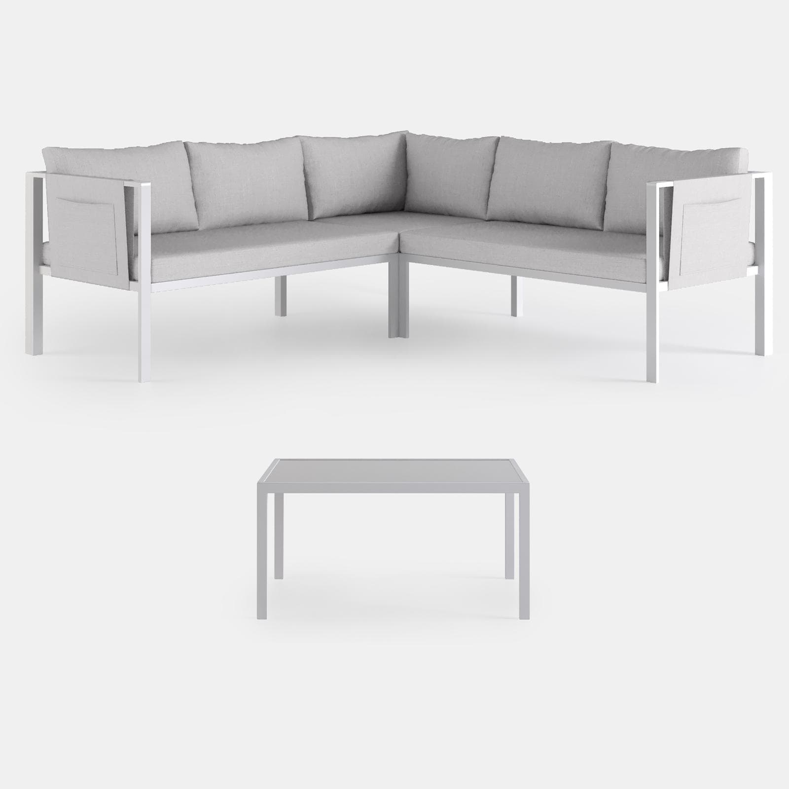 Set relax divano angolare e tavolino in metallo bianco con cuscini grigio chiaro - Tirrena