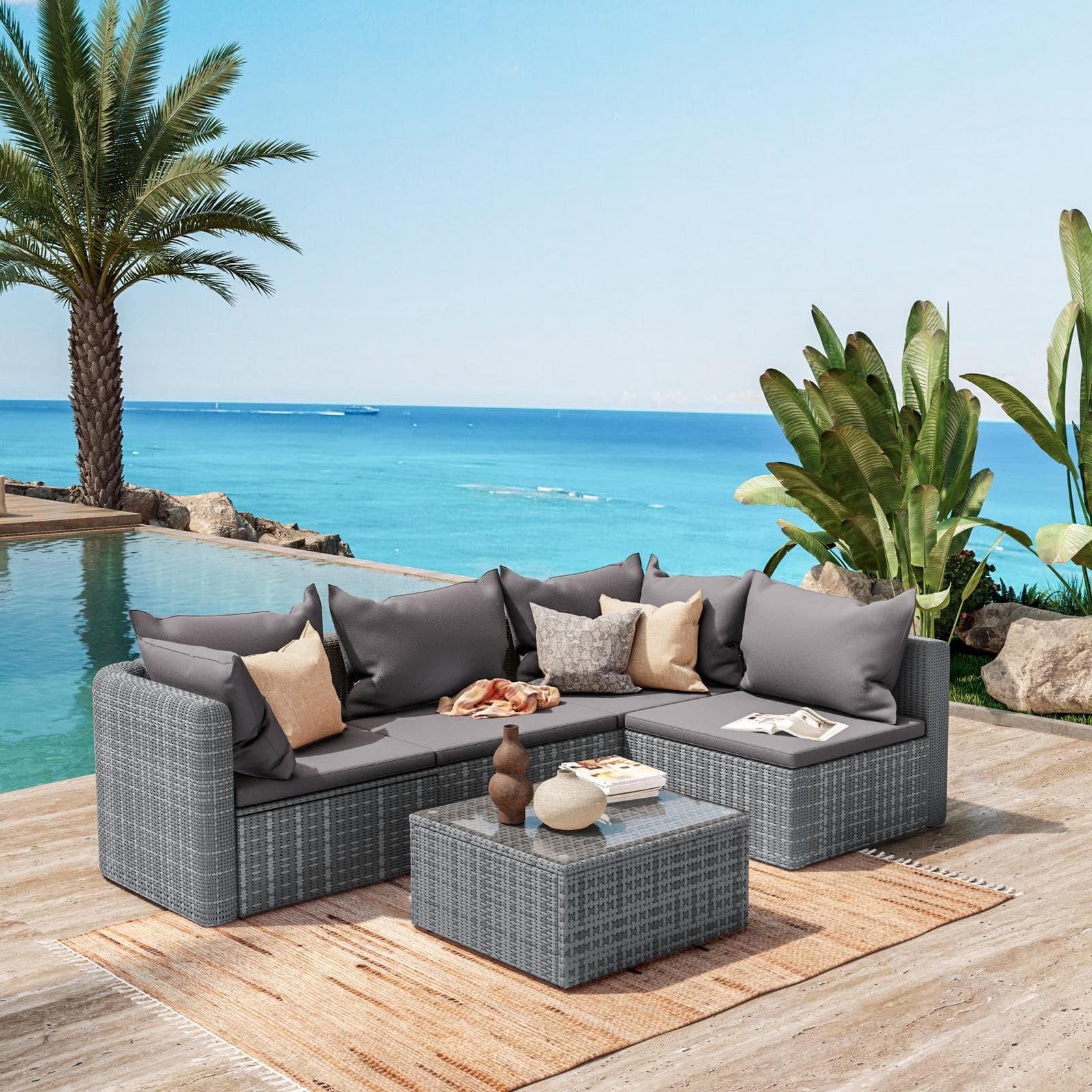 Set relax divano angolare con cuscini e tavolino da caffè in polyrattan grigio - Horizon