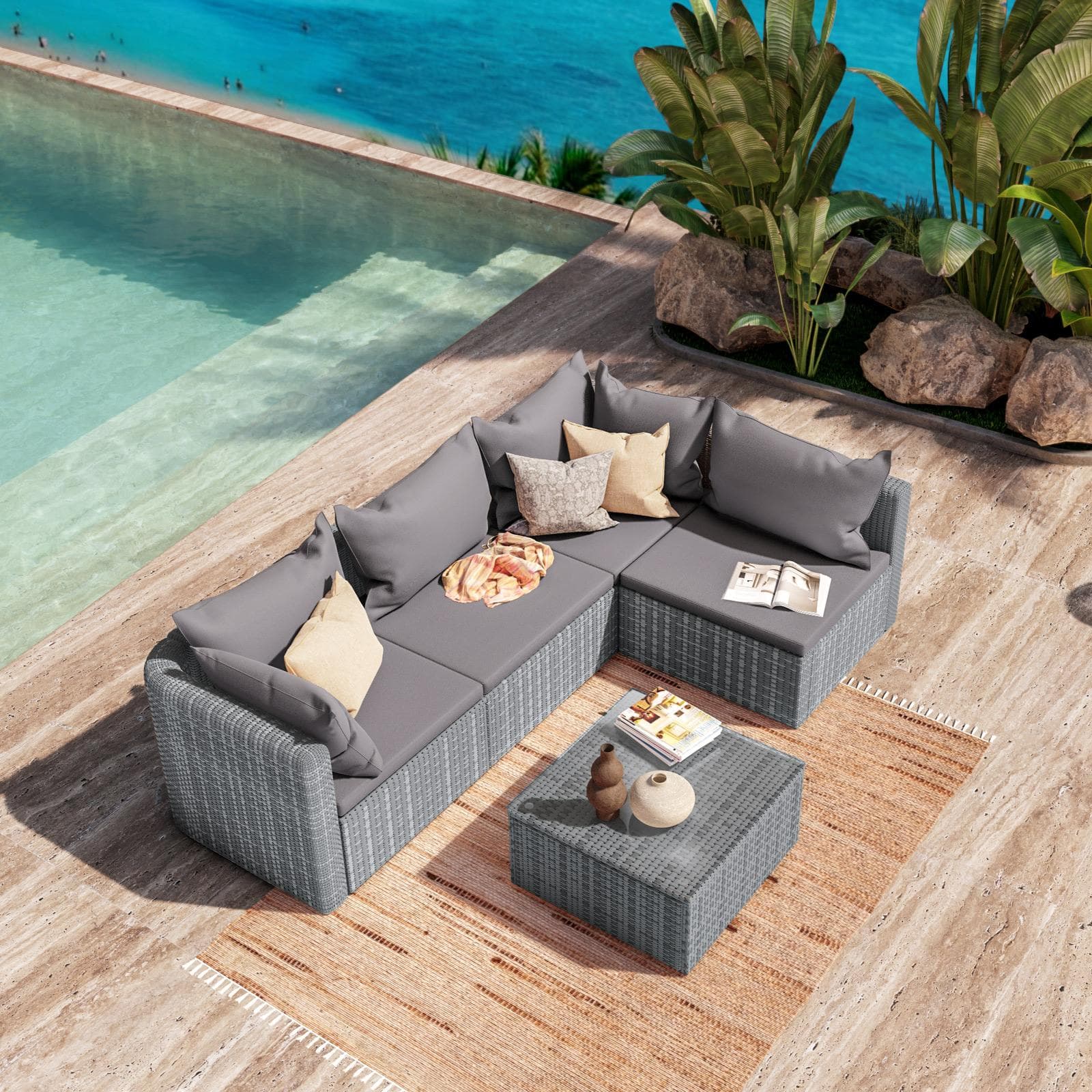 Set relax divano angolare con cuscini e tavolino da caffè in polyrattan grigio - Horizon