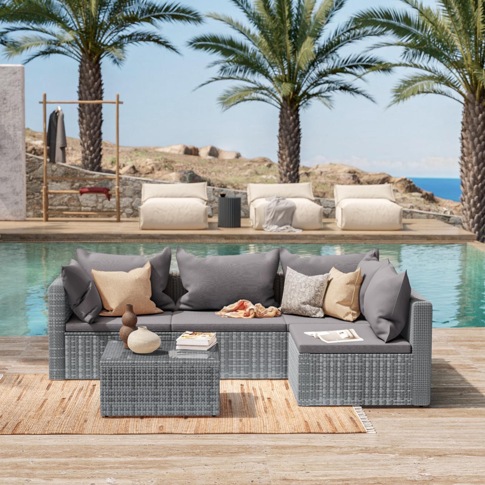 Set relax divano angolare con cuscini e tavolino da caffè in polyrattan grigio - Horizon
