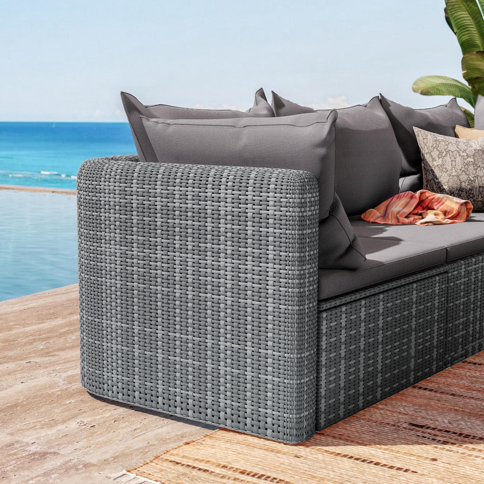 Set relax divano angolare con cuscini e tavolino da caffè in polyrattan grigio - Horizon