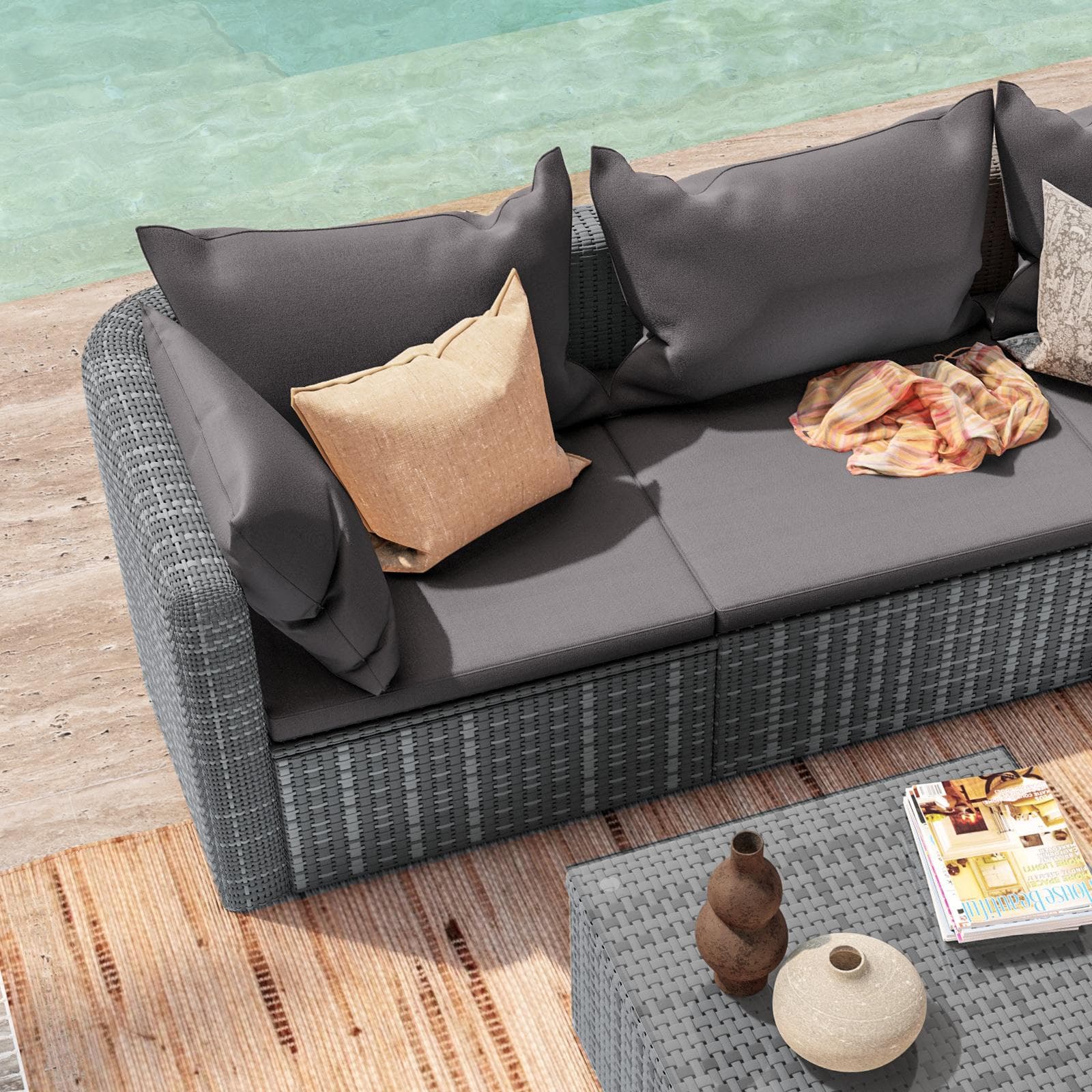 Set relax divano angolare con cuscini e tavolino da caffè in polyrattan grigio - Horizon
