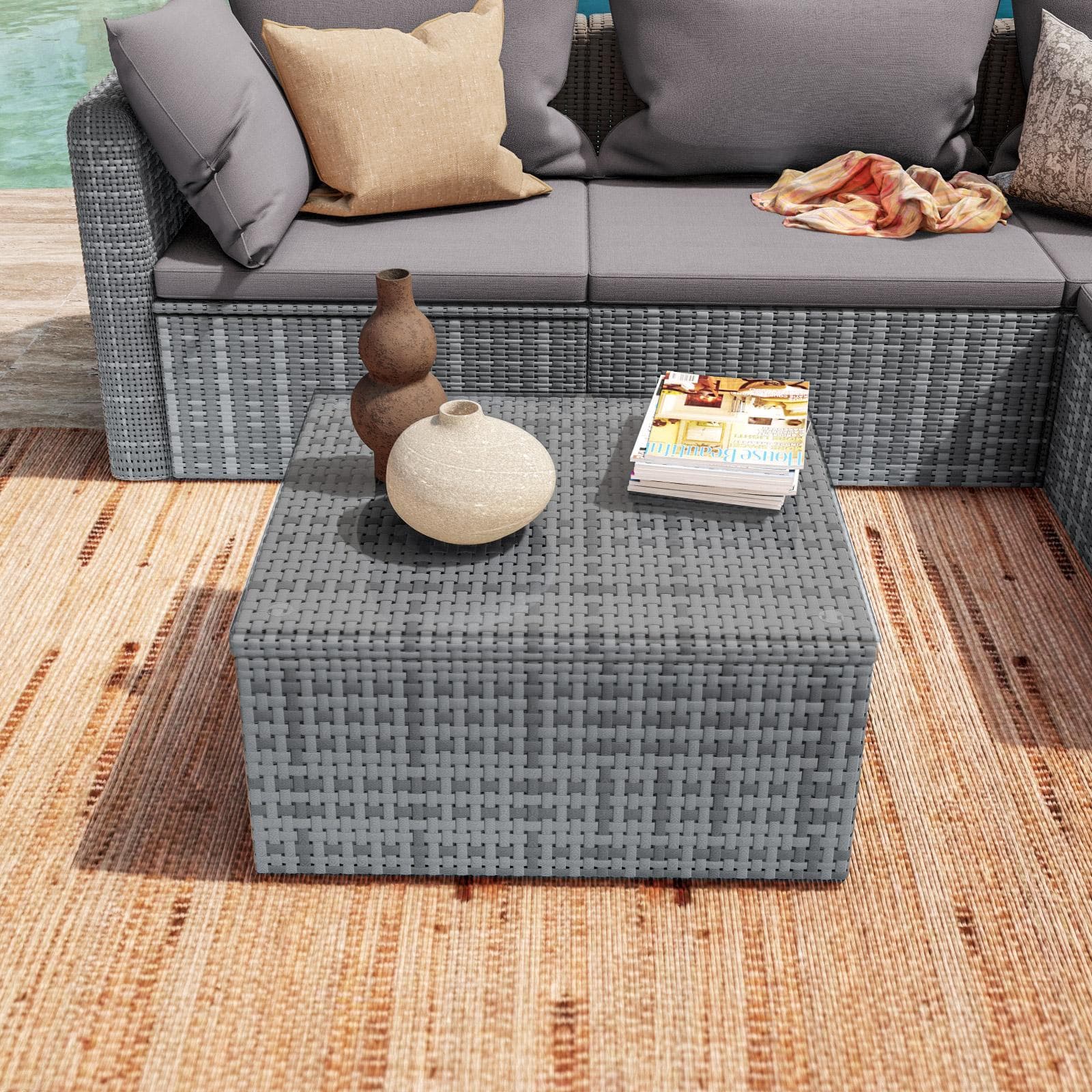 Set relax divano angolare con cuscini e tavolino da caffè in polyrattan grigio - Horizon