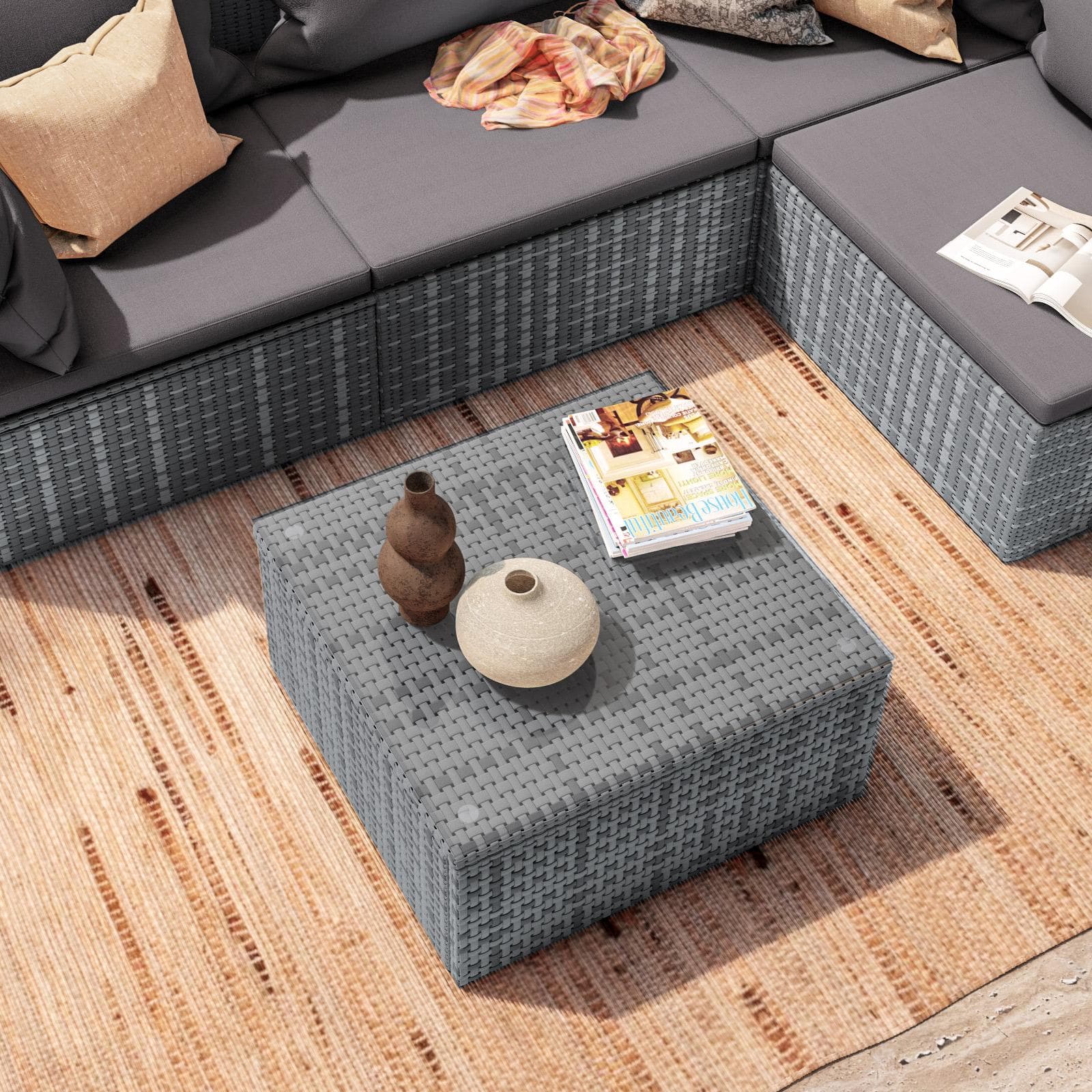 Set relax divano angolare con cuscini e tavolino da caffè in polyrattan grigio - Horizon