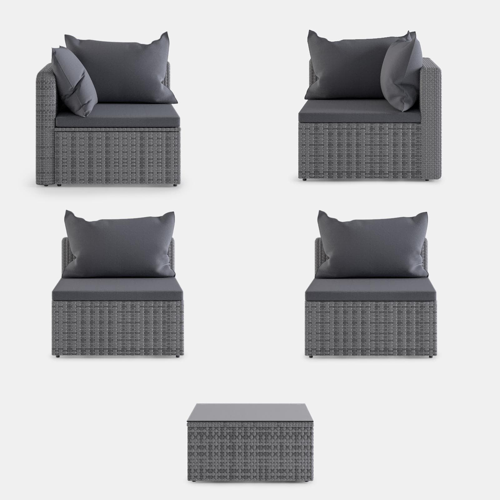 Set relax divano angolare con cuscini e tavolino da caffè in polyrattan grigio - Horizon