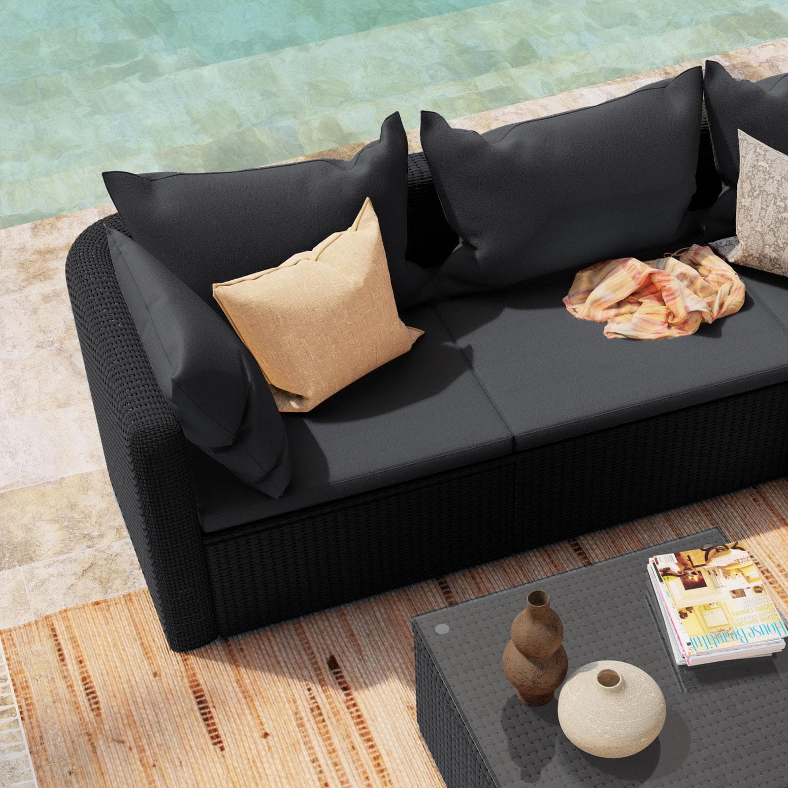 Set relax divano angolare con cuscini e tavolino da caffè in polyrattan nero - Horizon