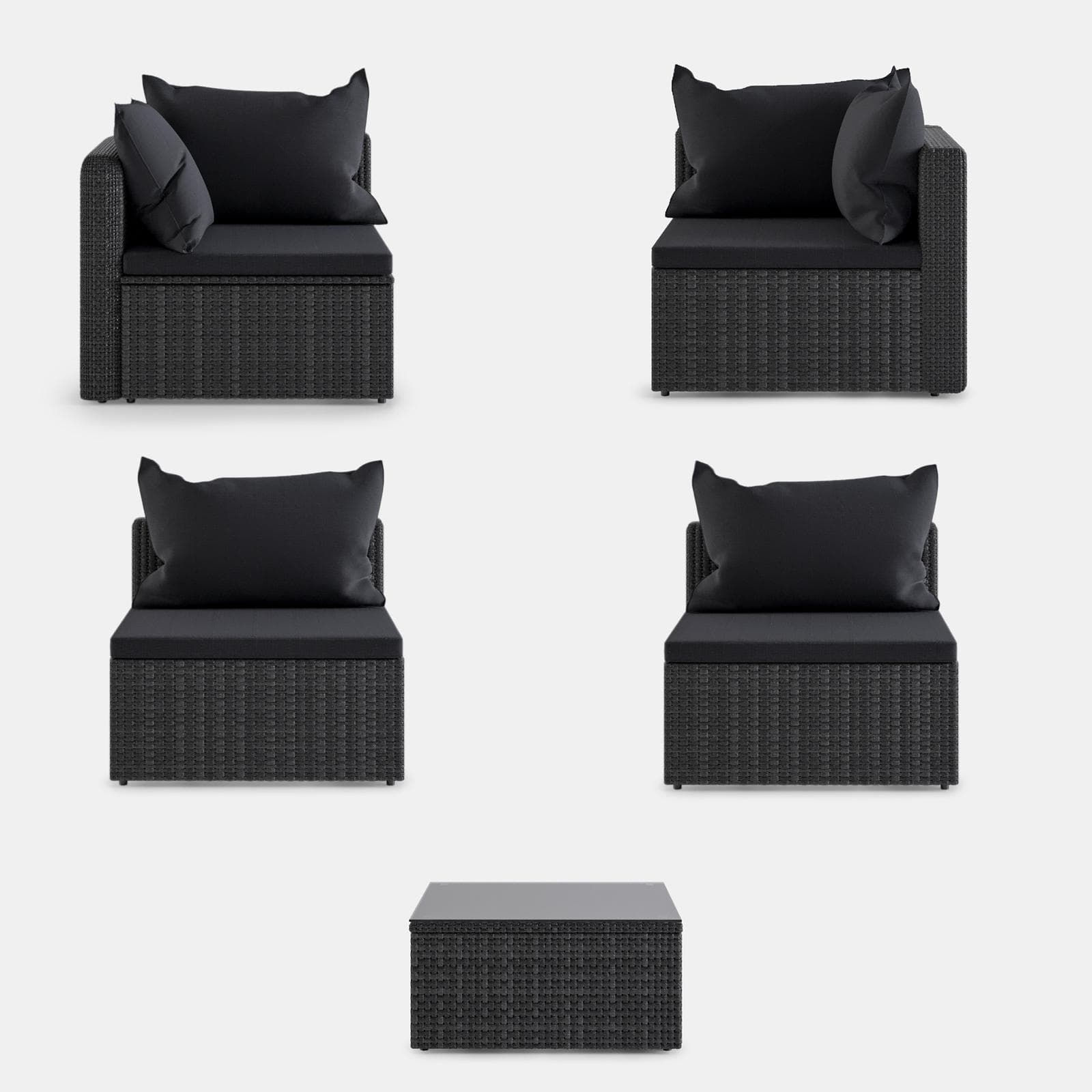 Set relax divano angolare con cuscini e tavolino da caffè in polyrattan nero - Horizon