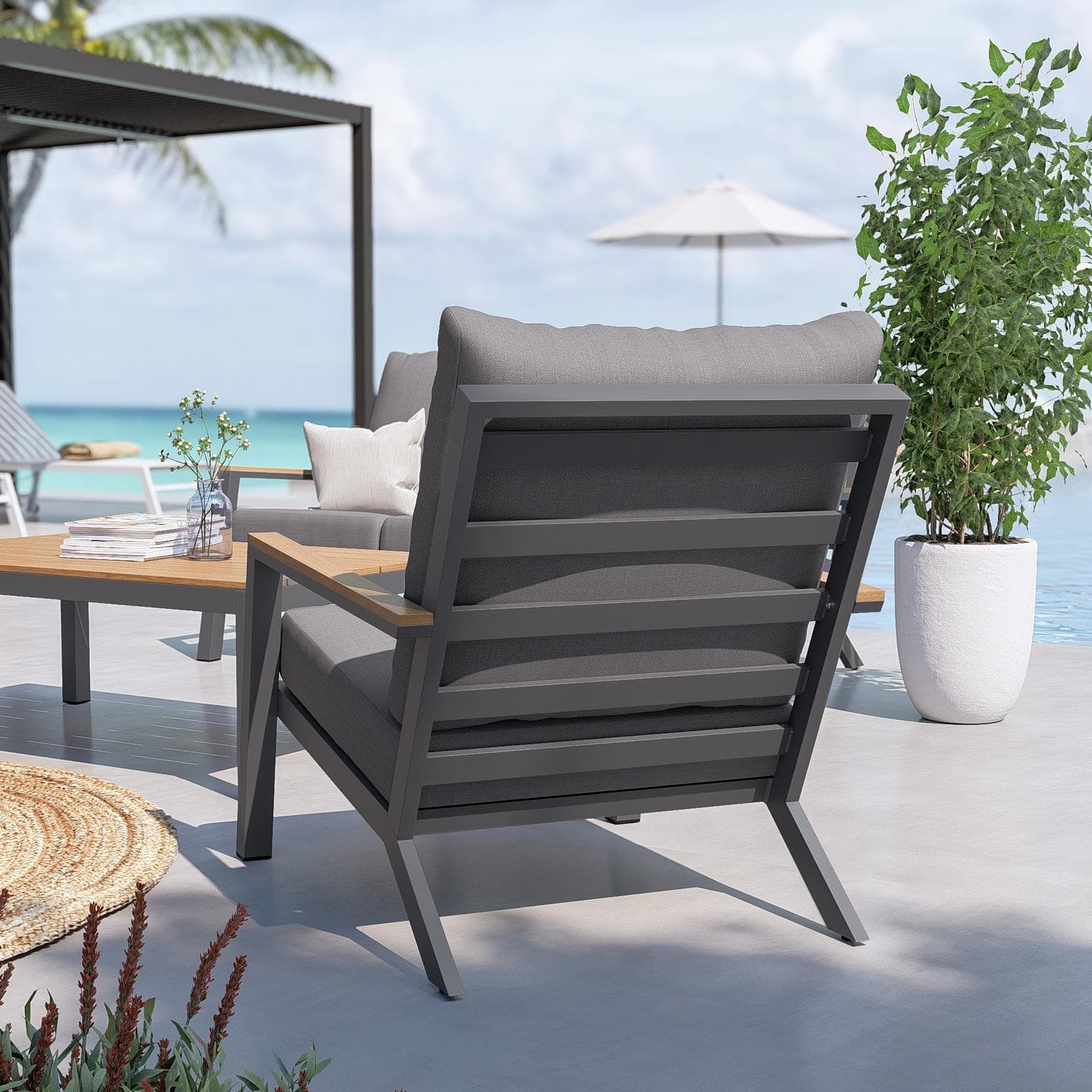 Set relax divano 2 poltrone e tavolino da caffè antracite con cuscini - Aurity