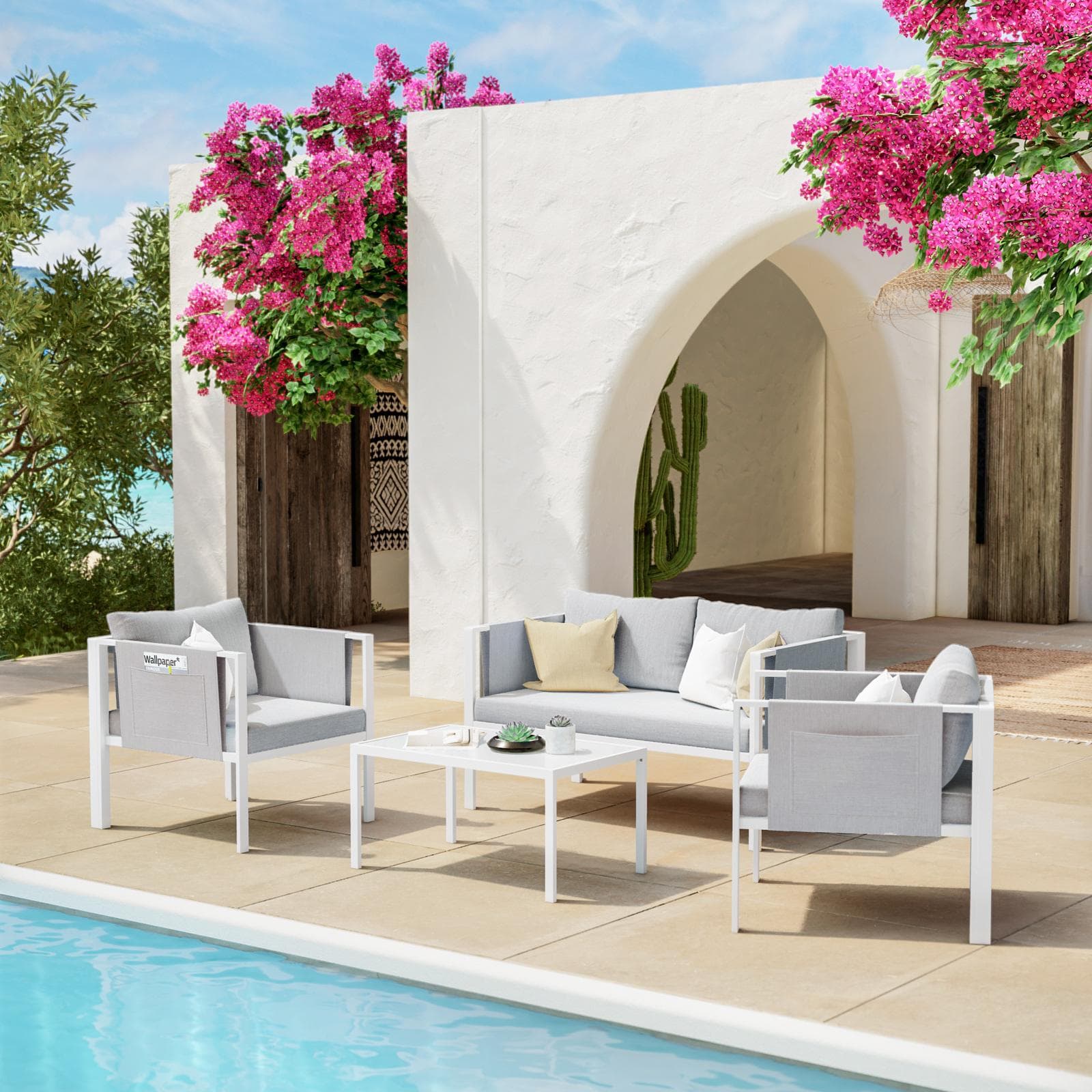 Set relax divano 2 poltrone e tavolino in metallo bianco con cuscini grigio chiaro - Tirrena