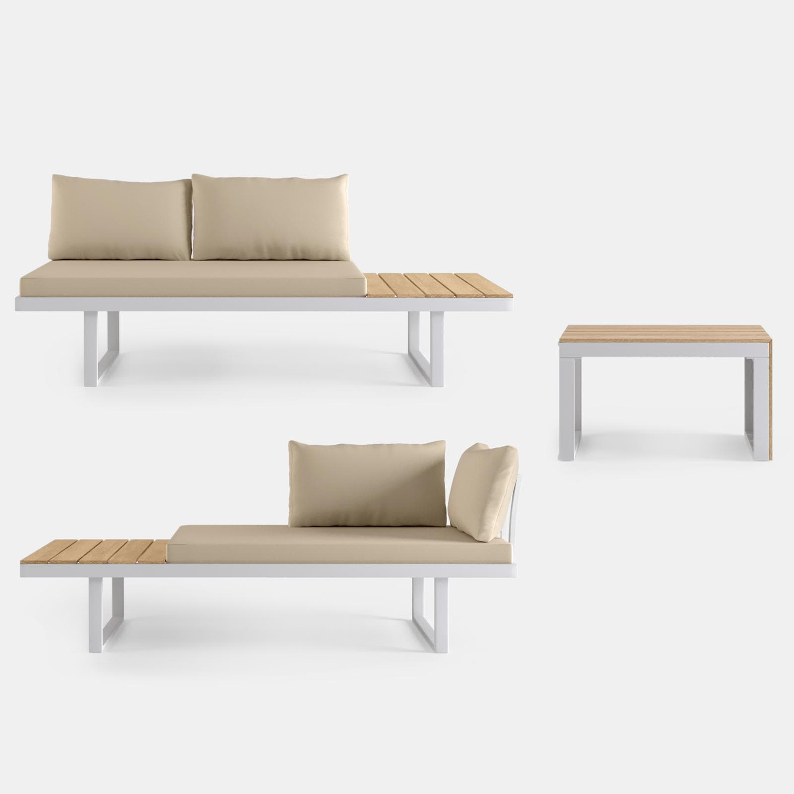 Set relax modulare in alluminio bianco e dettagli effetto legno con cuscini tortora - Scilla