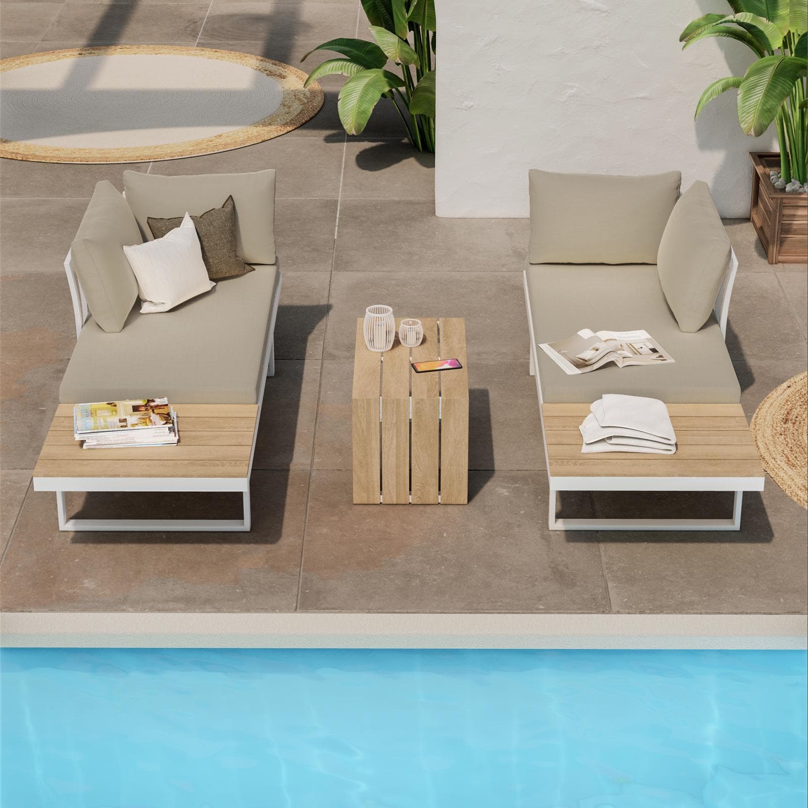 Set relax modulare in alluminio bianco e dettagli effetto legno con cuscini tortora - Scilla