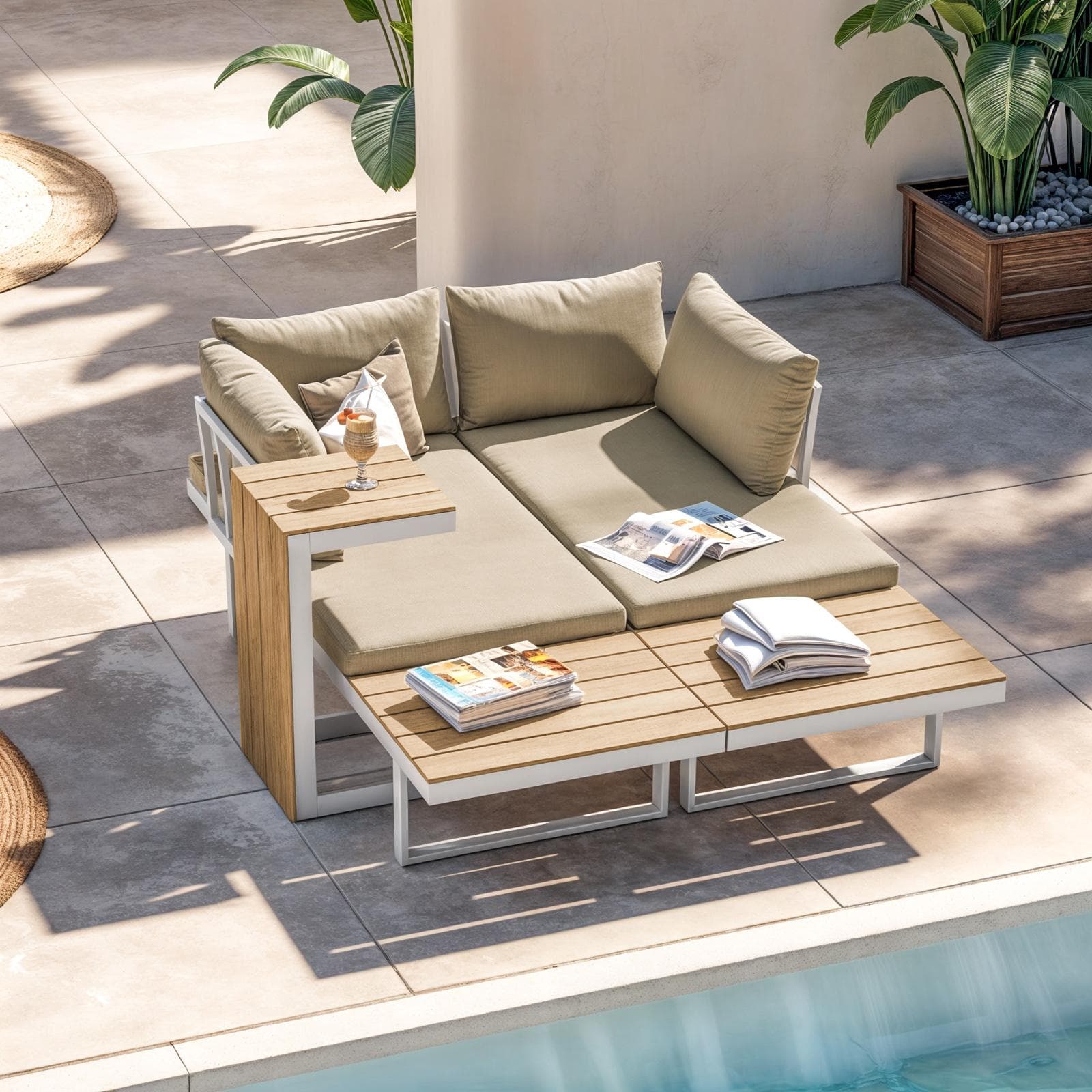 Set relax modulare in alluminio bianco e dettagli effetto legno con cuscini tortora - Scilla