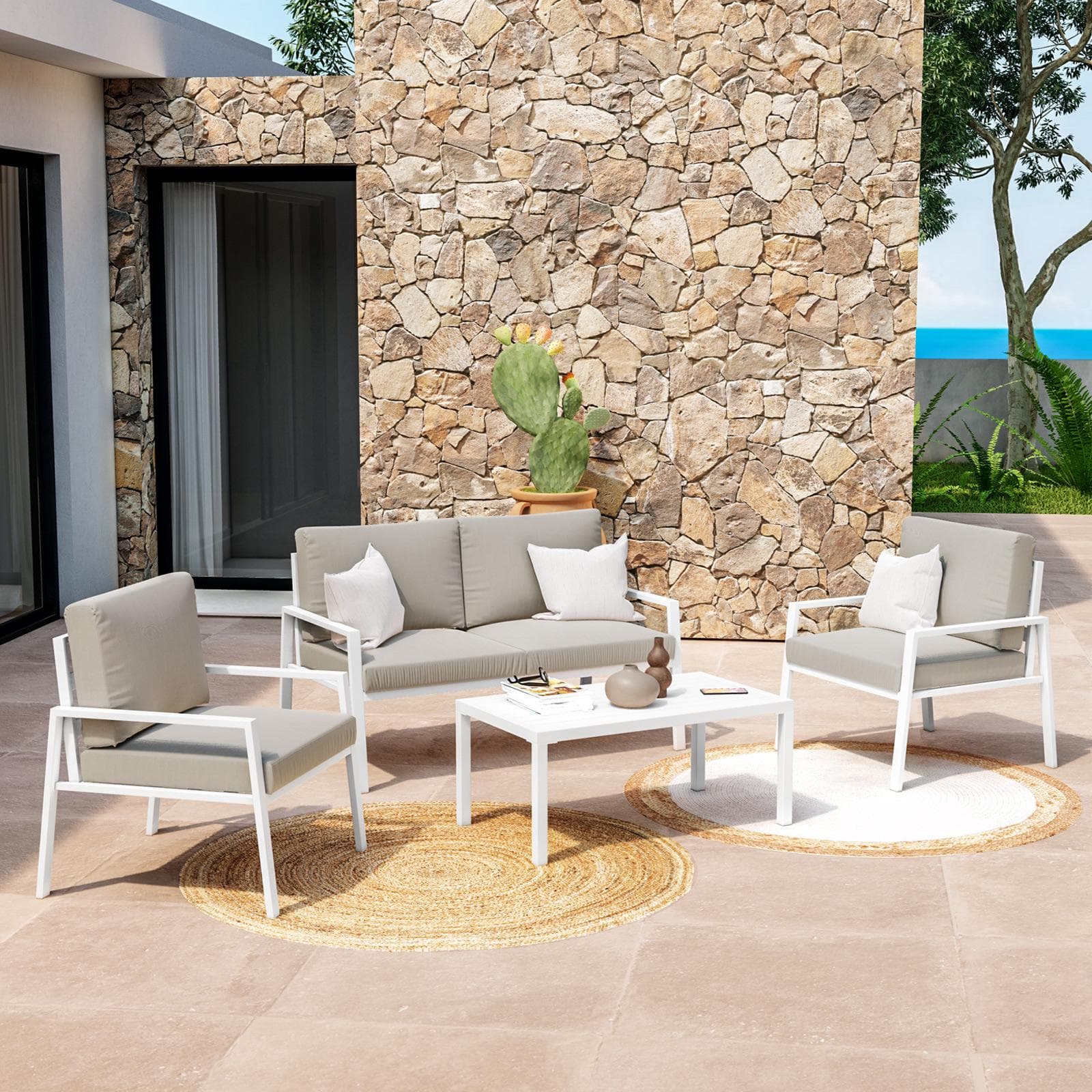 Set relax 4 posti in alluminio bianco con cuscini grigio chiaro - Carridi
