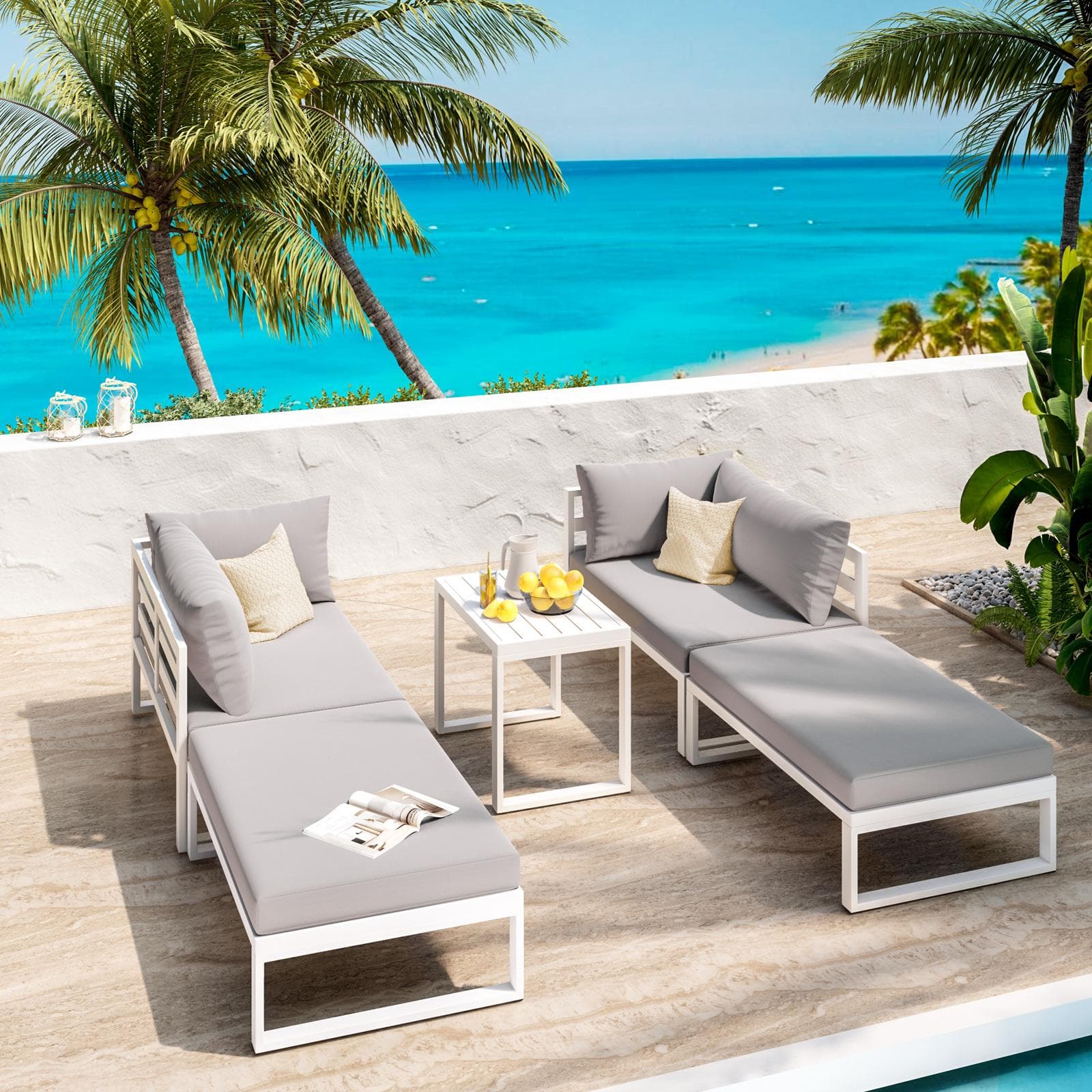Set relax da giardino modulare in alluminio bianco con cuscini grigi - Gioza