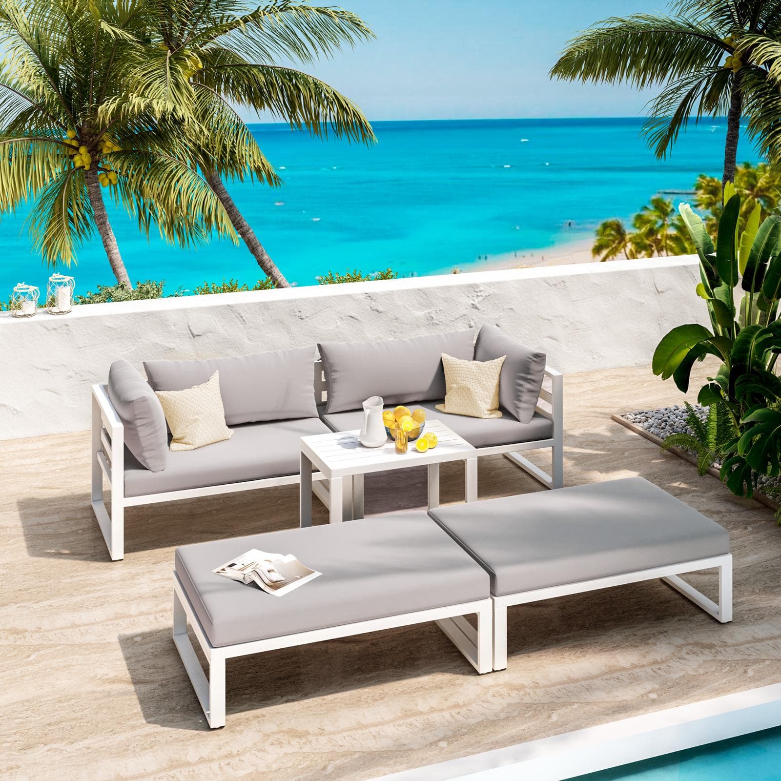 Set relax da giardino modulare in alluminio bianco con cuscini grigi - Gioza