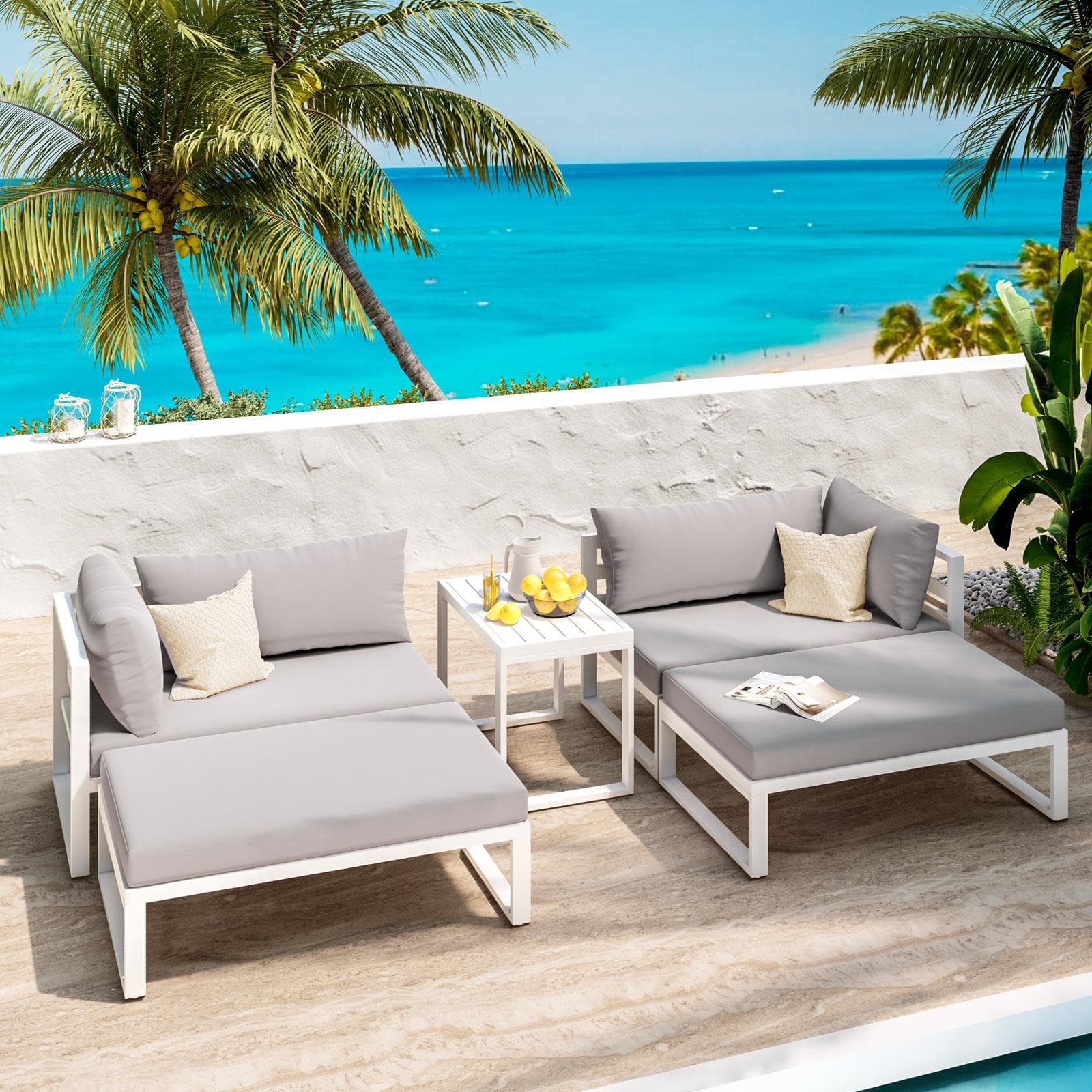 Set relax da giardino modulare in alluminio bianco con cuscini grigi - Gioza