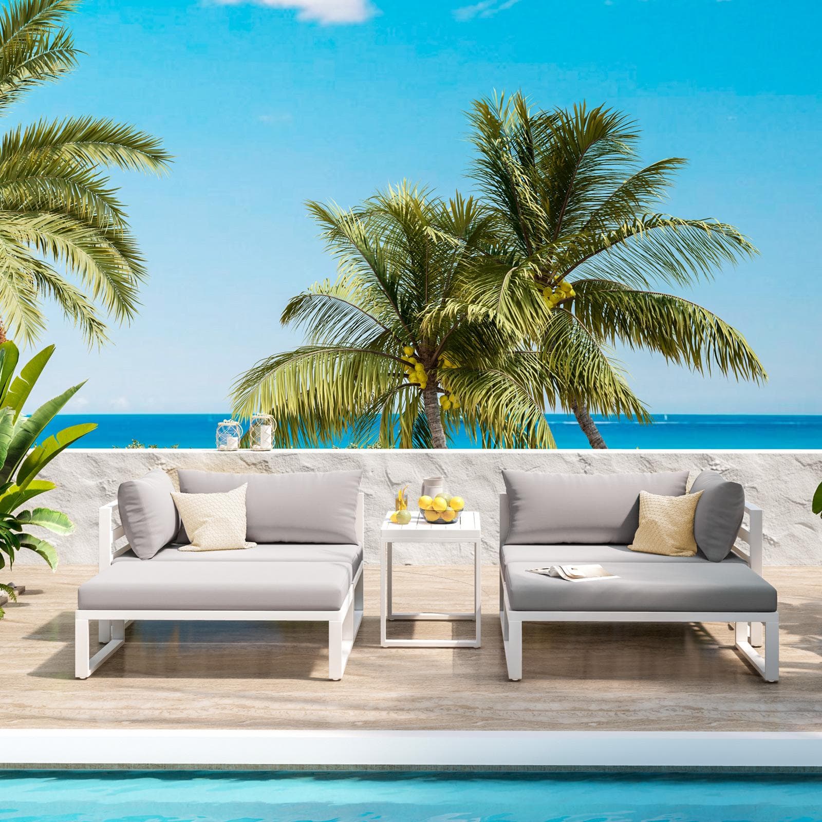 Set relax da giardino modulare in alluminio bianco con cuscini grigi - Gioza