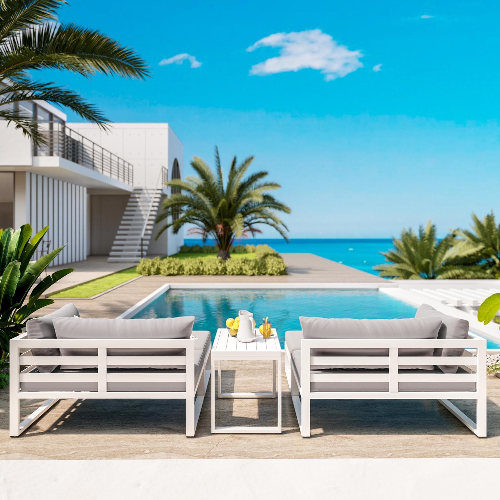Set relax da giardino modulare in alluminio bianco con cuscini grigi - Gioza