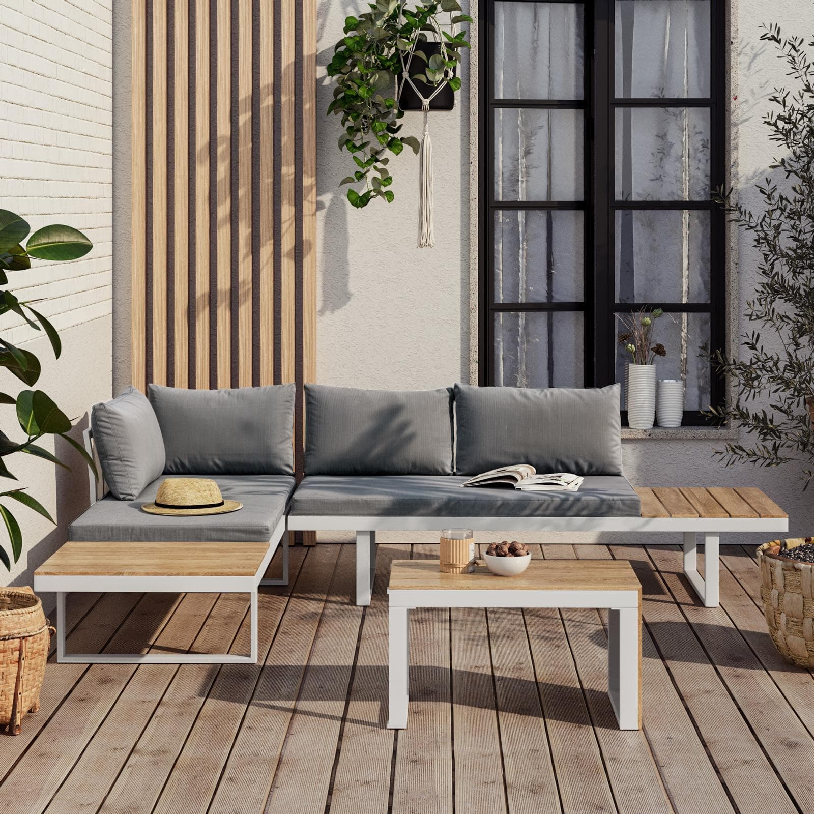 Set relax modulare in alluminio bianco e dettagli effetto legno con cuscini grigio - Scilla