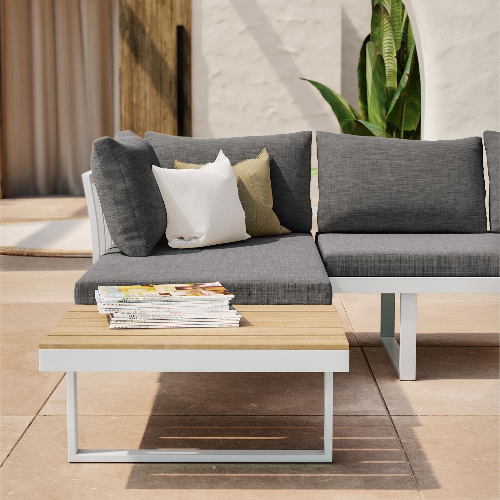 Set relax modulare in alluminio bianco e dettagli effetto legno con cuscini grigio - Scilla