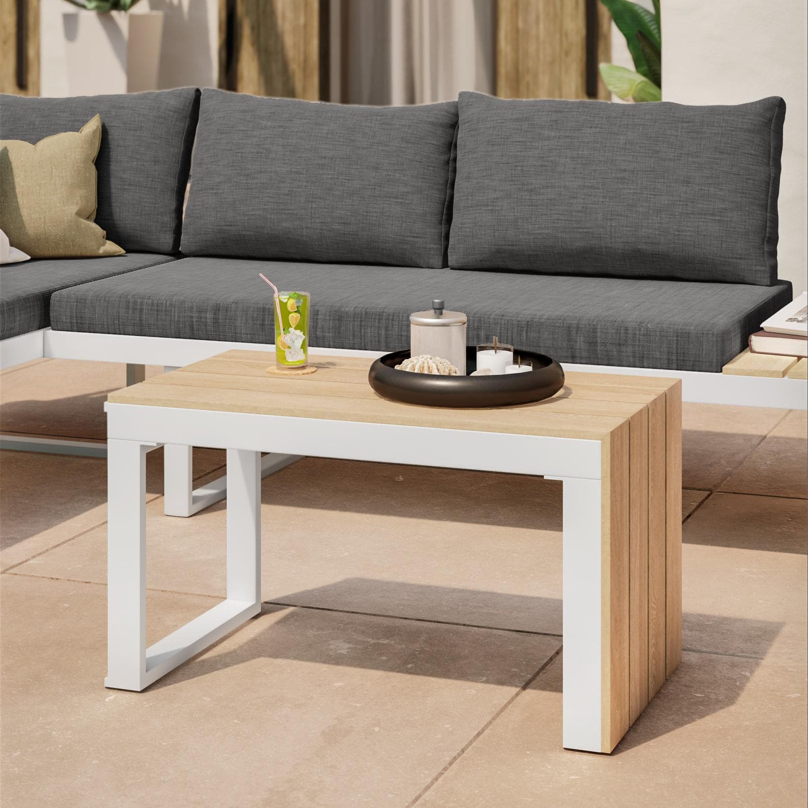 Set relax modulare in alluminio bianco e dettagli effetto legno con cuscini grigio - Scilla