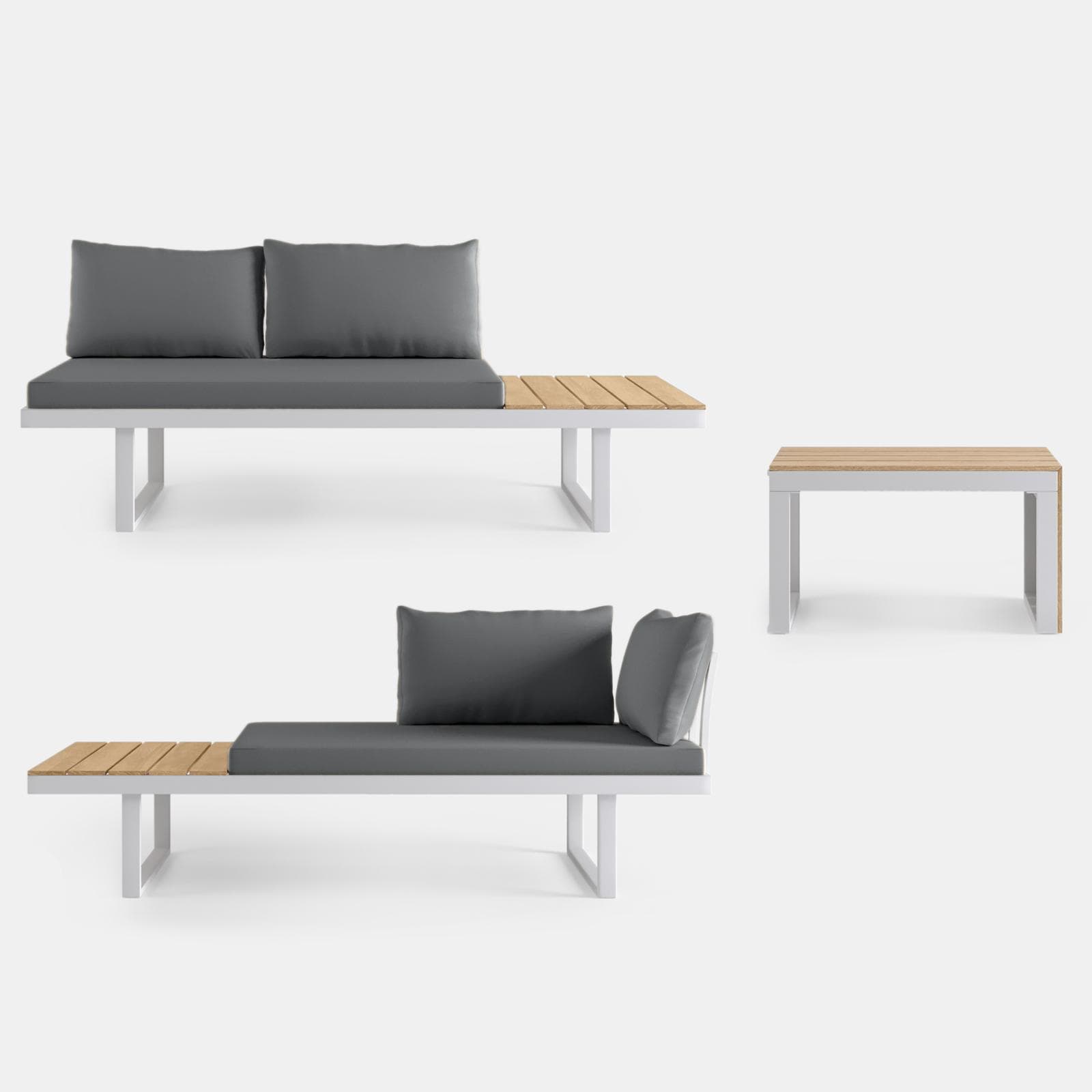 Set relax modulare in alluminio bianco e dettagli effetto legno con cuscini grigio - Scilla