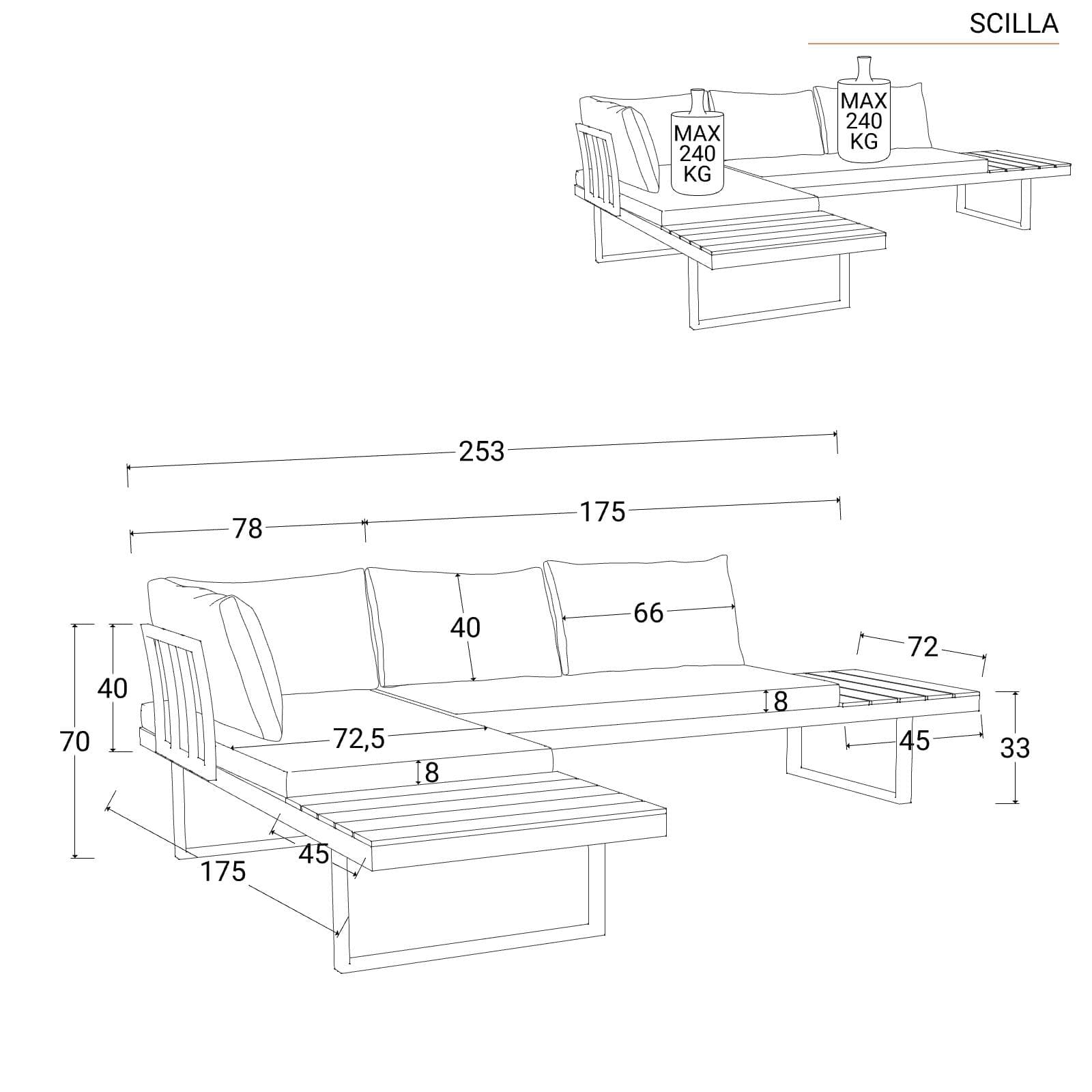Set relax modulare in alluminio bianco e dettagli effetto legno con cuscini grigio - Scilla