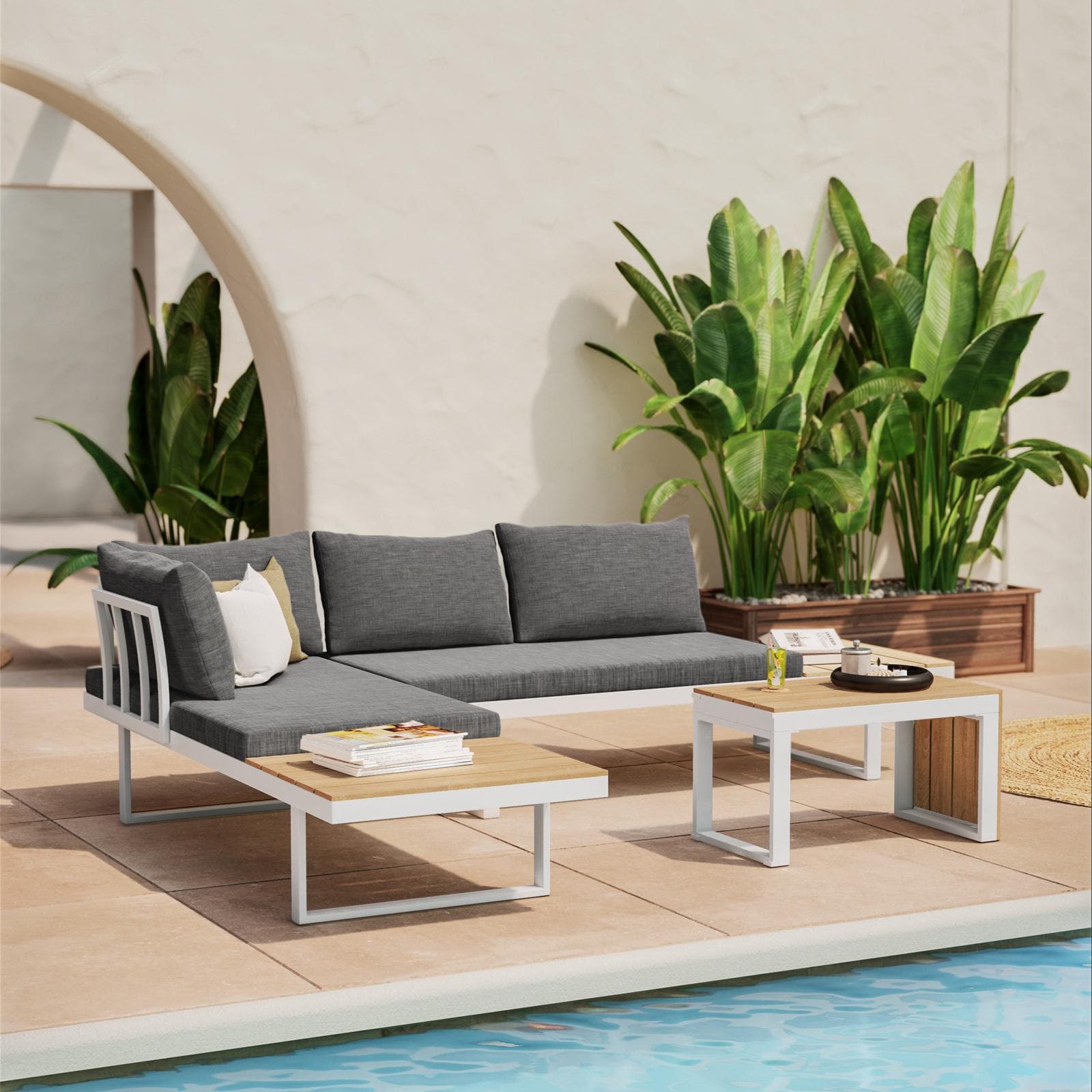 Set relax modulare in alluminio bianco e dettagli effetto legno con cuscini grigio - Scilla