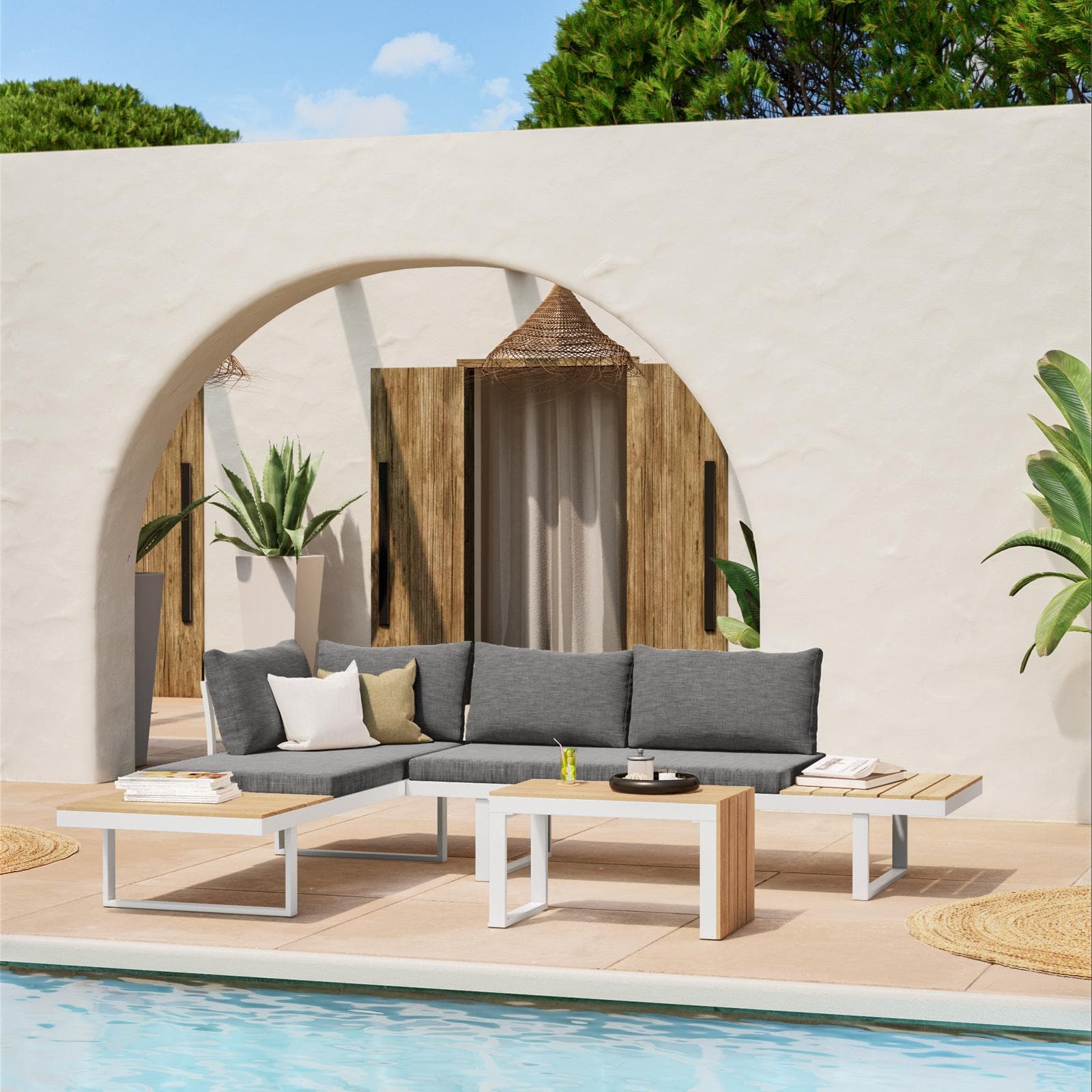 Set relax modulare in alluminio bianco e dettagli effetto legno con cuscini grigio - Scilla