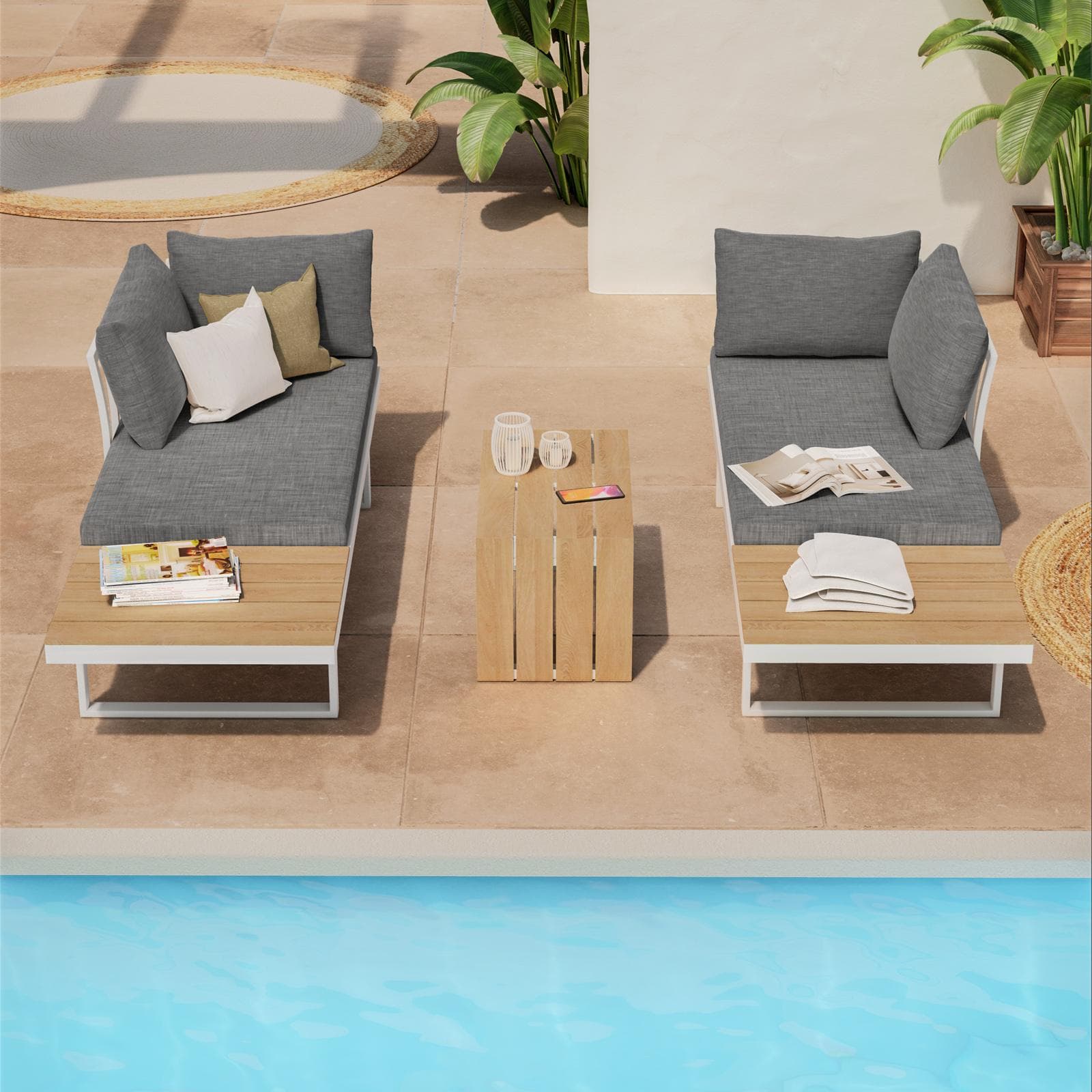 Set relax modulare in alluminio bianco e dettagli effetto legno con cuscini grigio - Scilla