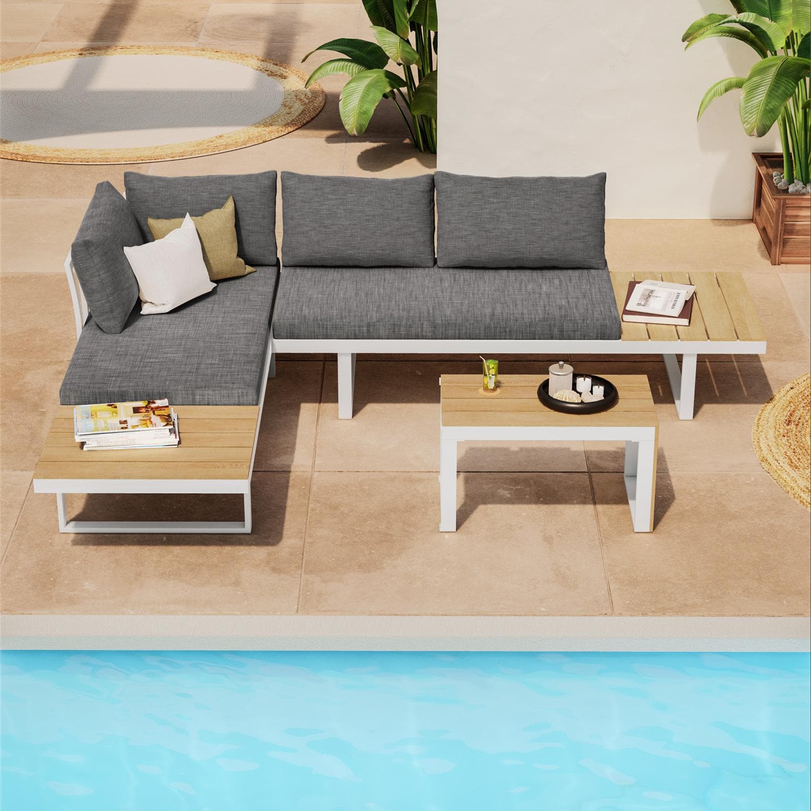 Set relax modulare in alluminio bianco e dettagli effetto legno con cuscini grigio - Scilla